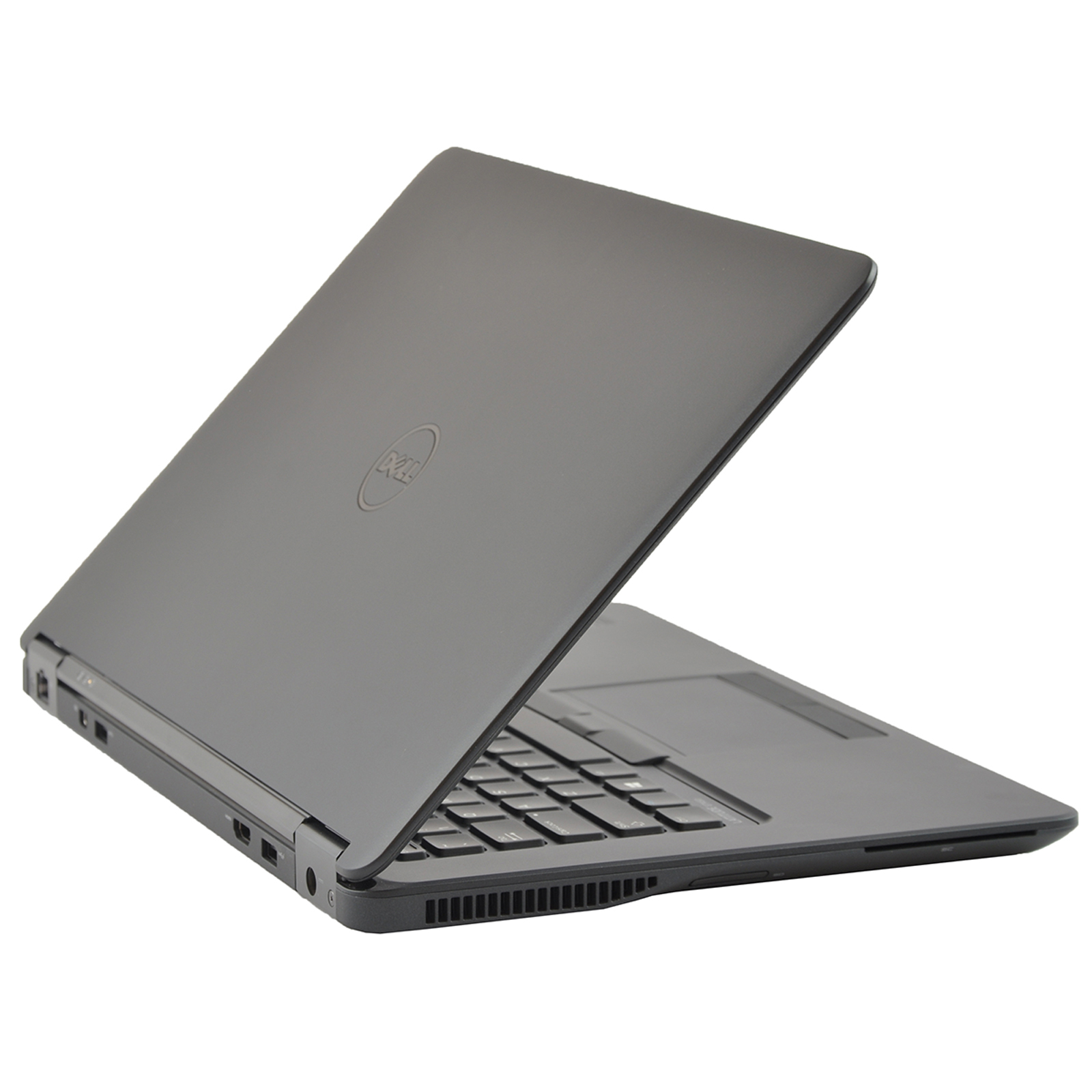 Ein dunkler Dell Laptop mit geöffnetem Deckel auf weißem Hintergrund.