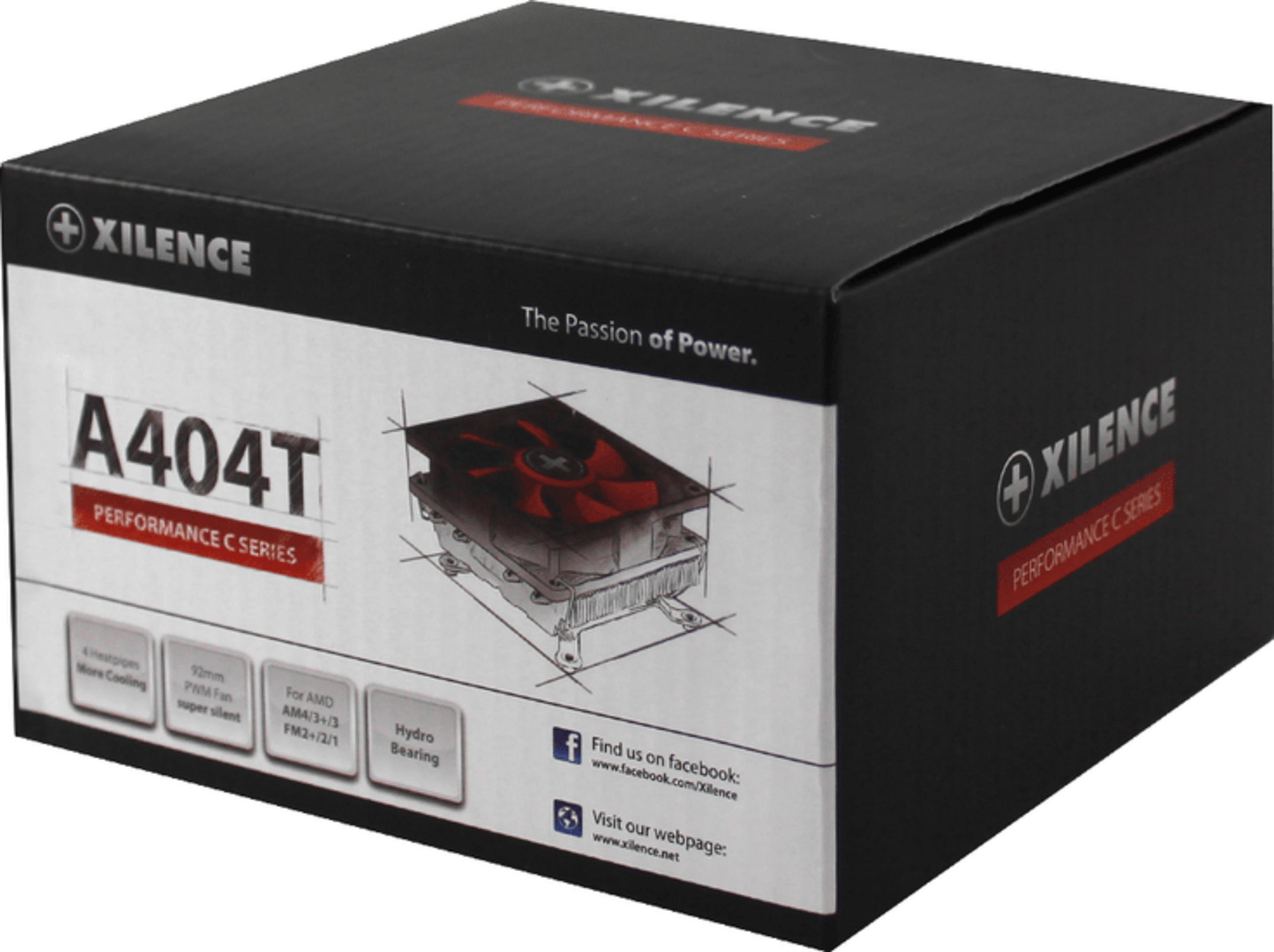 Xilence A404T CPU-Kühler-Verpackung mit rotem Lüfter und technischen Details.