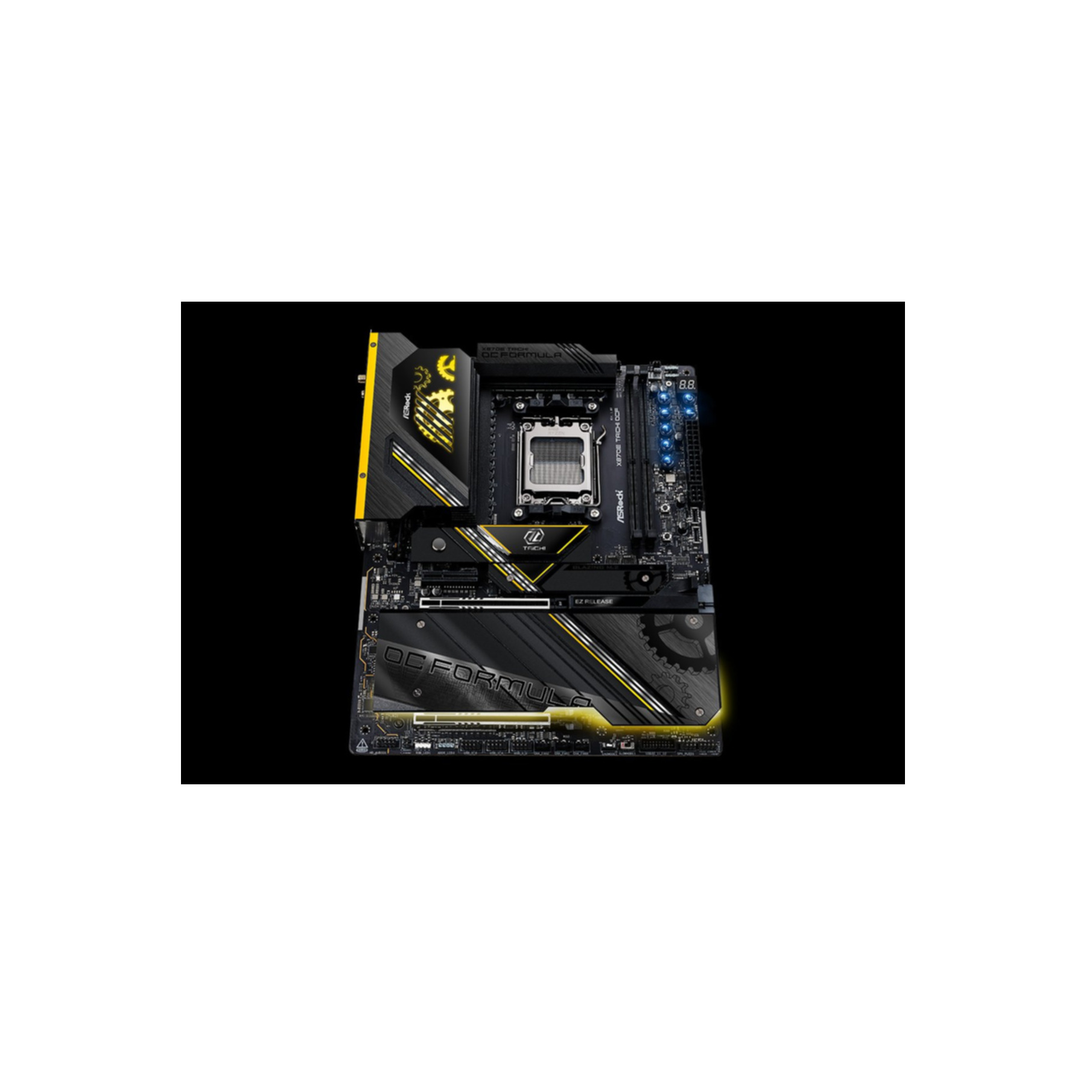 Czarna płyta główna z żółtymi akcentami i oznaczeniem OC FORMULA.