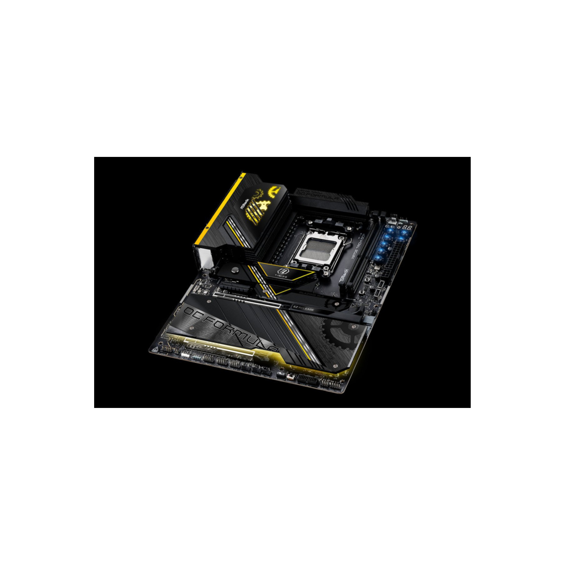 Czarna płyta główna z żółtymi akcentami i niebieskimi diodami LED.