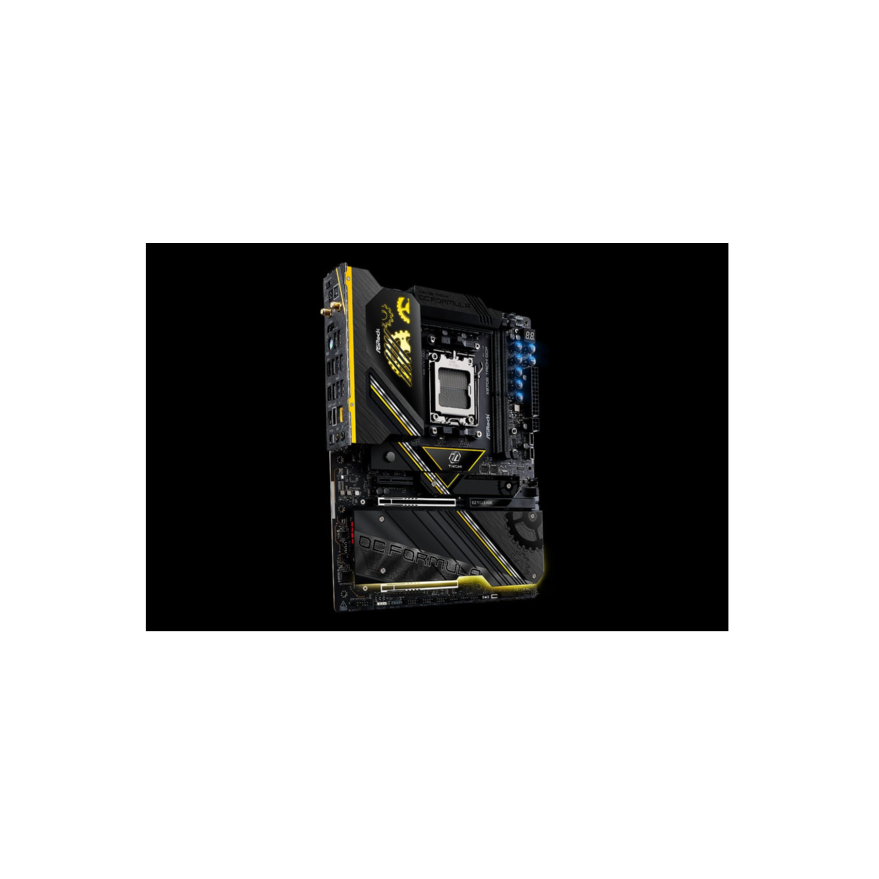 Czarna płyta główna z żółtymi akcentami i radiatorami.