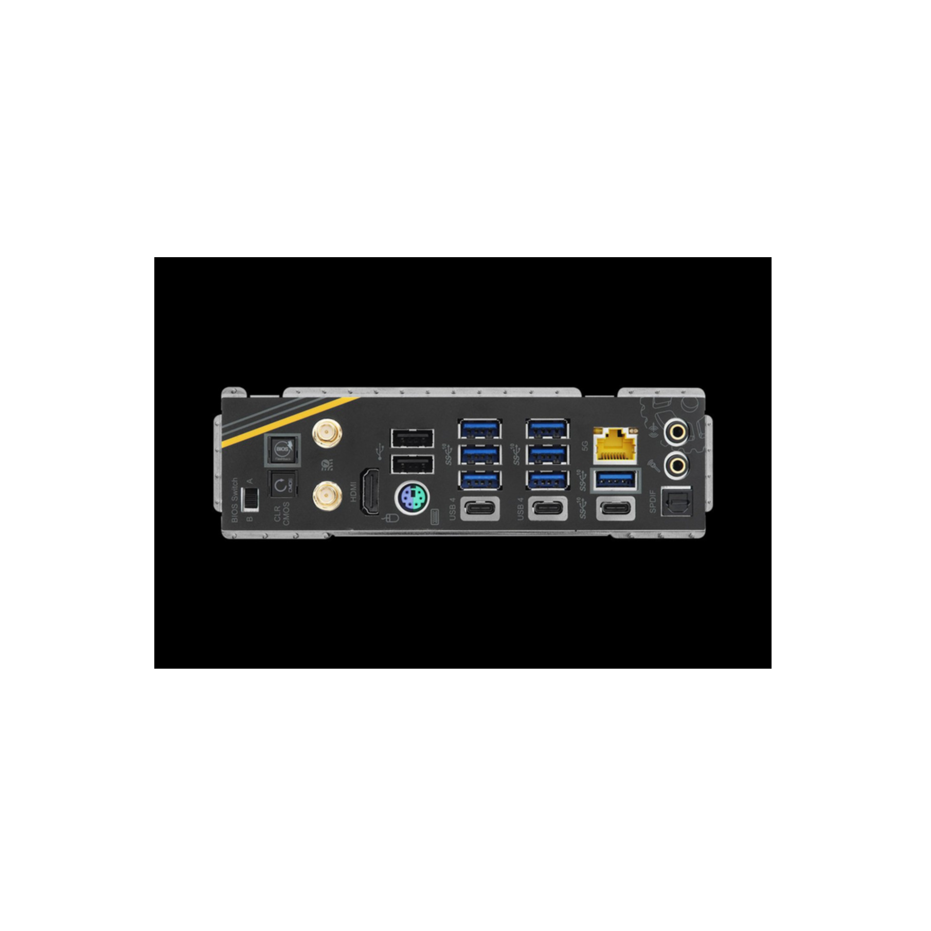 Tył płyty głównej z portami USB, HDMI, Ethernet i antenowymi.