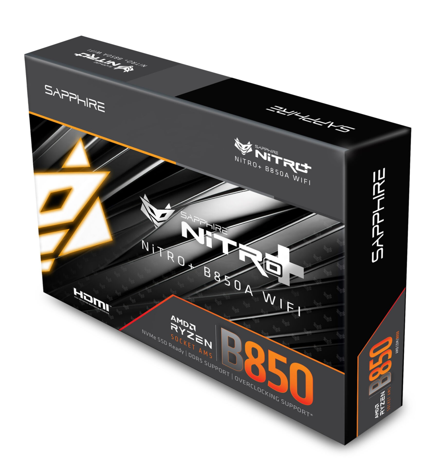Pudełko płyty głównej Sapphire Nitro+ B850A WiFi z logo AMD Ryzen.
