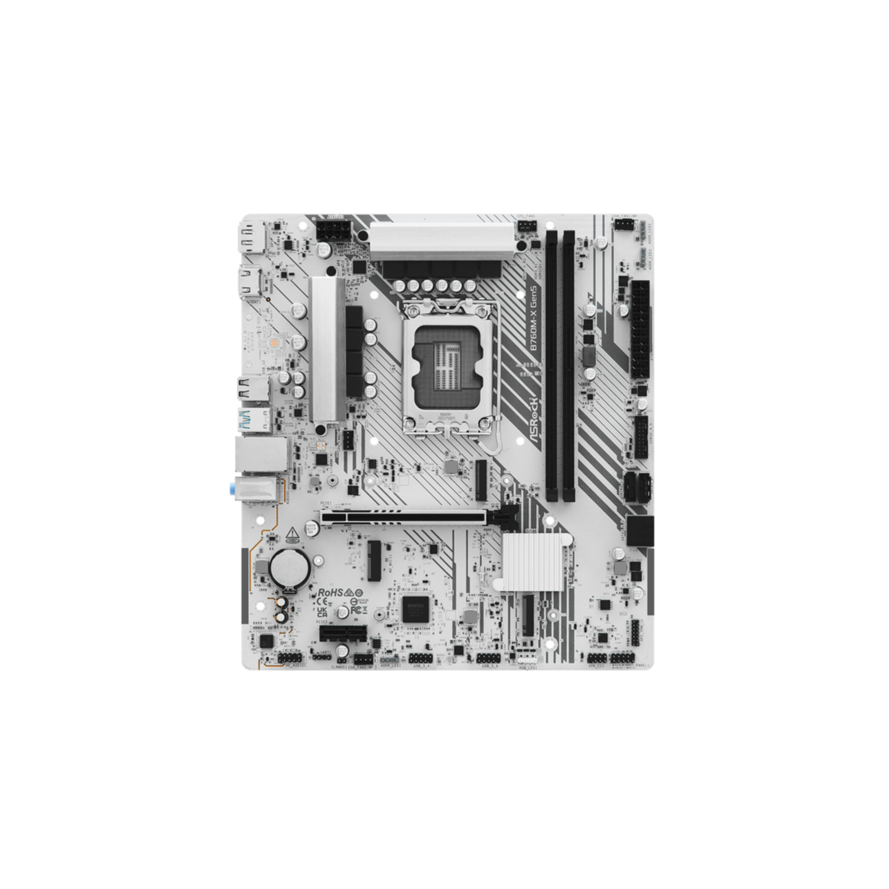 Biała płyta główna z srebrnymi radiatorami i wieloma złączami.