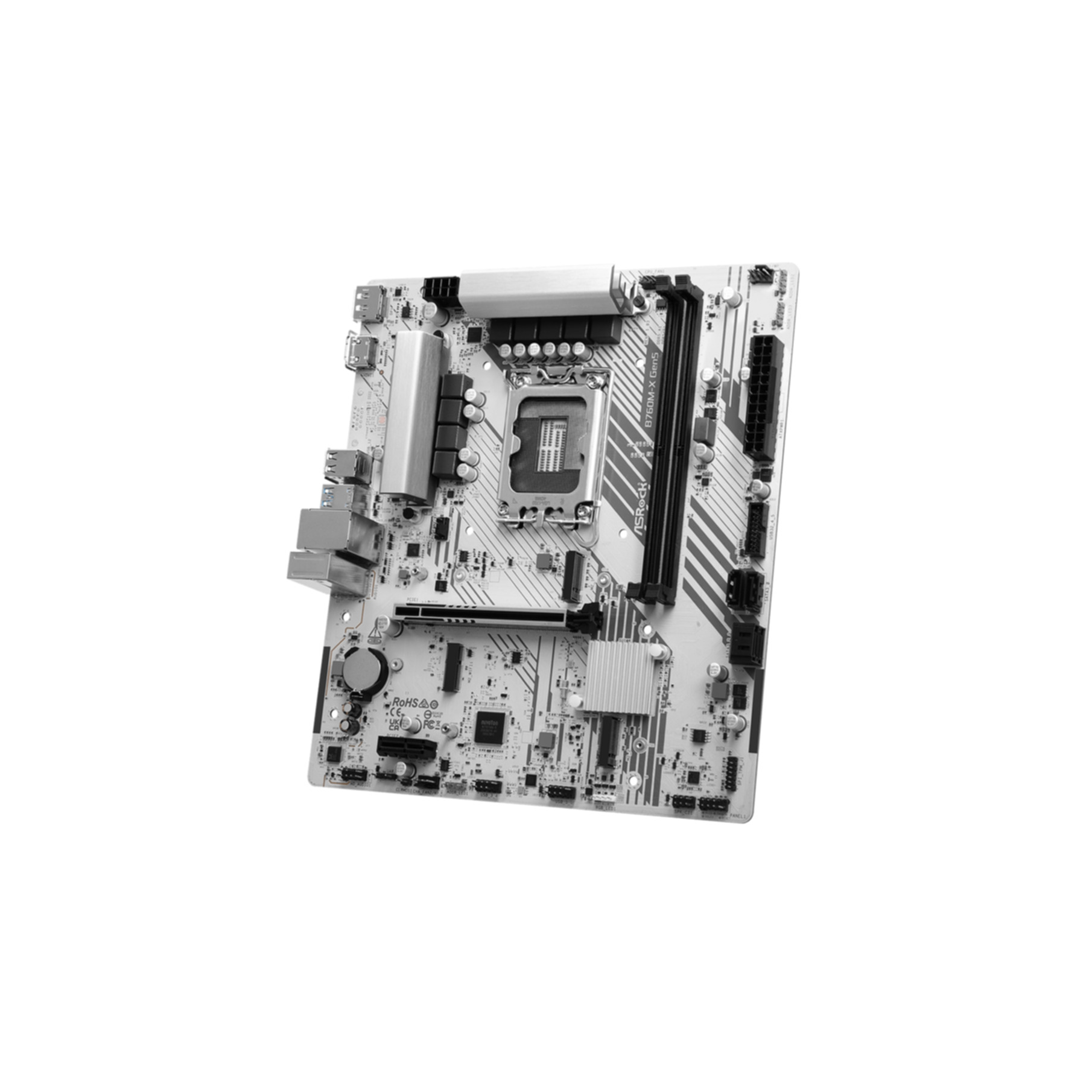 Biała płyta główna komputera z gniazdem CPU, slotami RAM i złączami.