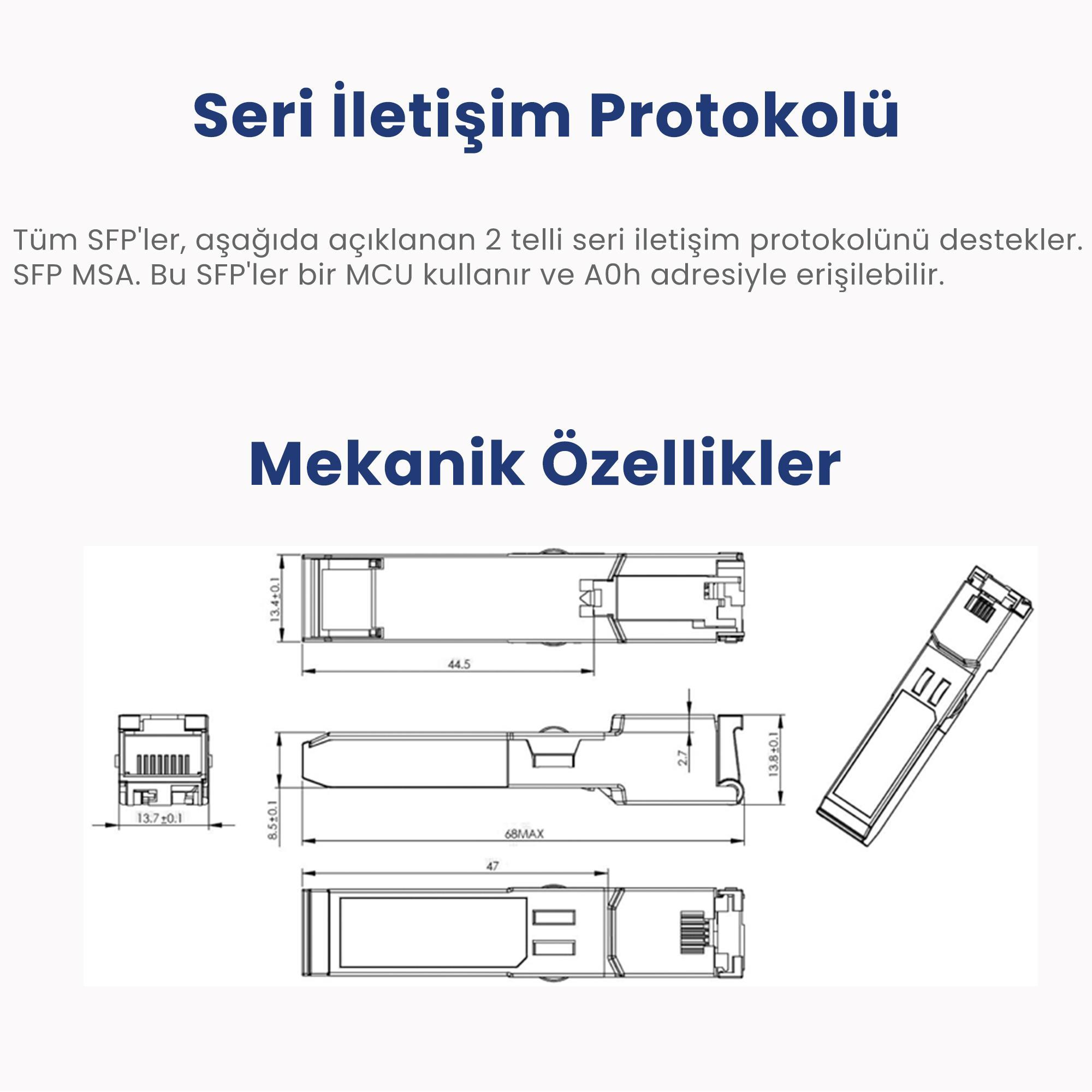 Boyutlar ve detaylar içeren bir SFP modülünün teknik çizimi. Üst ve yan görünümler.