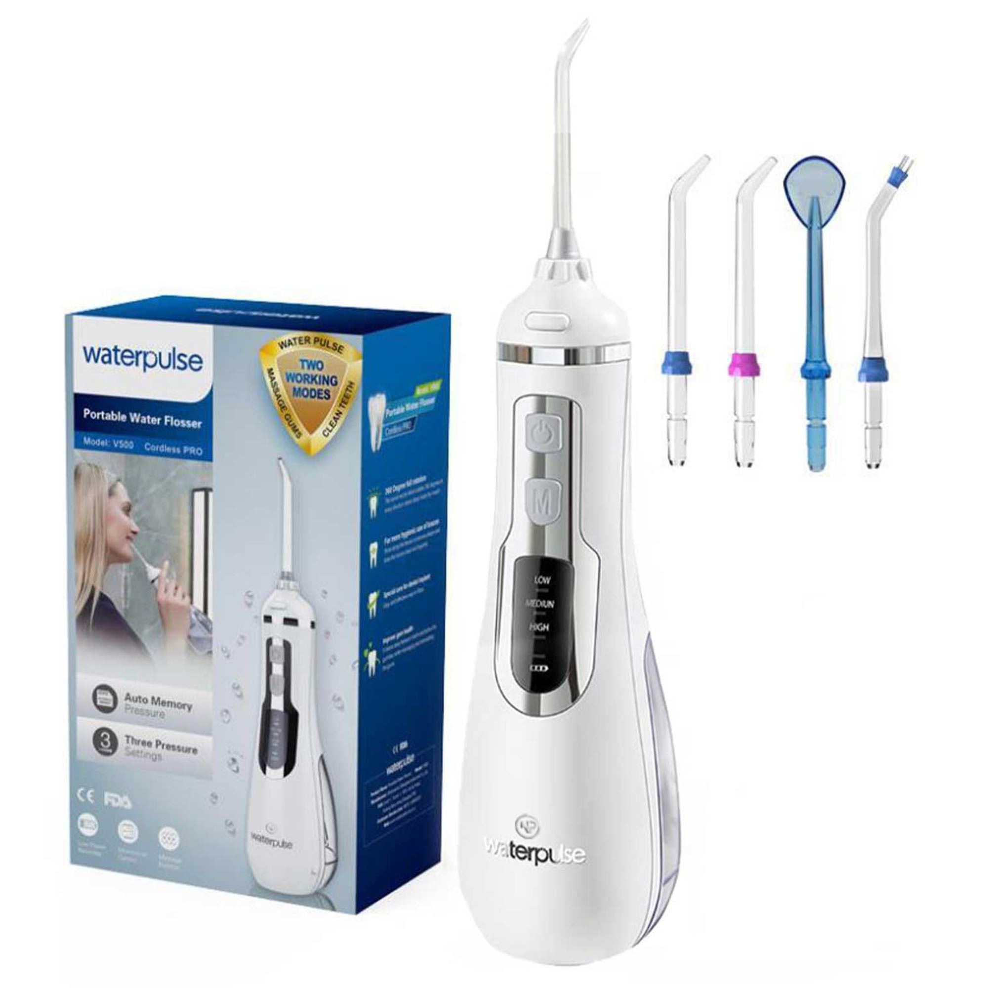 Aksesuar ve ambalajlı beyaz bir Waterpulse diş ipi.