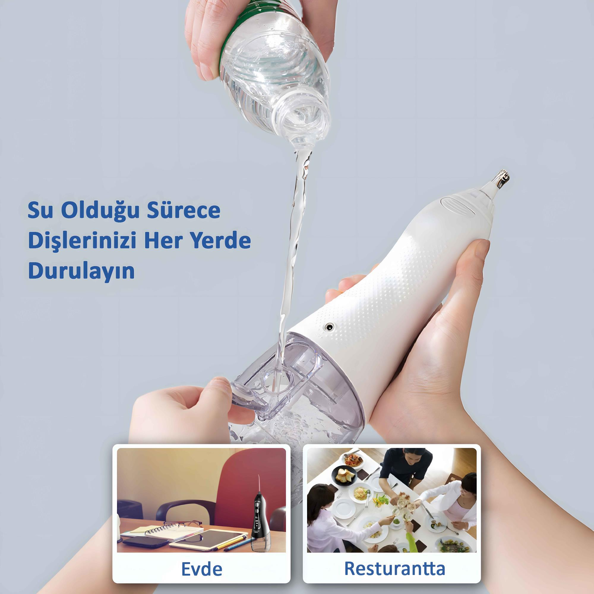 Ağız duşuna su dolduruluyor, evde ve restoranda kullanım için gösteriliyor.