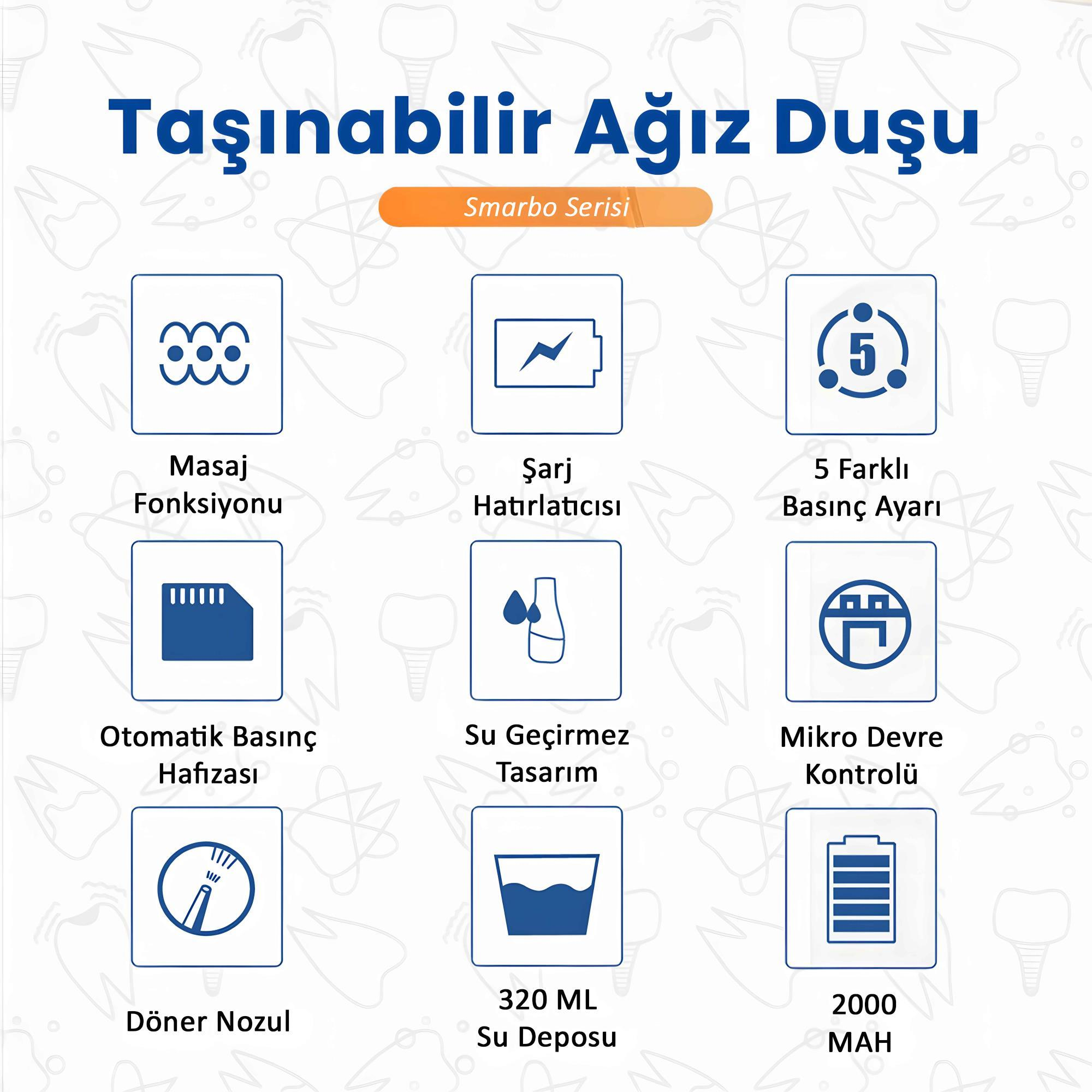 Taşınabilir ağız duşu: masaj, şarj hatırlatıcı, basınç ayarları, hafıza.