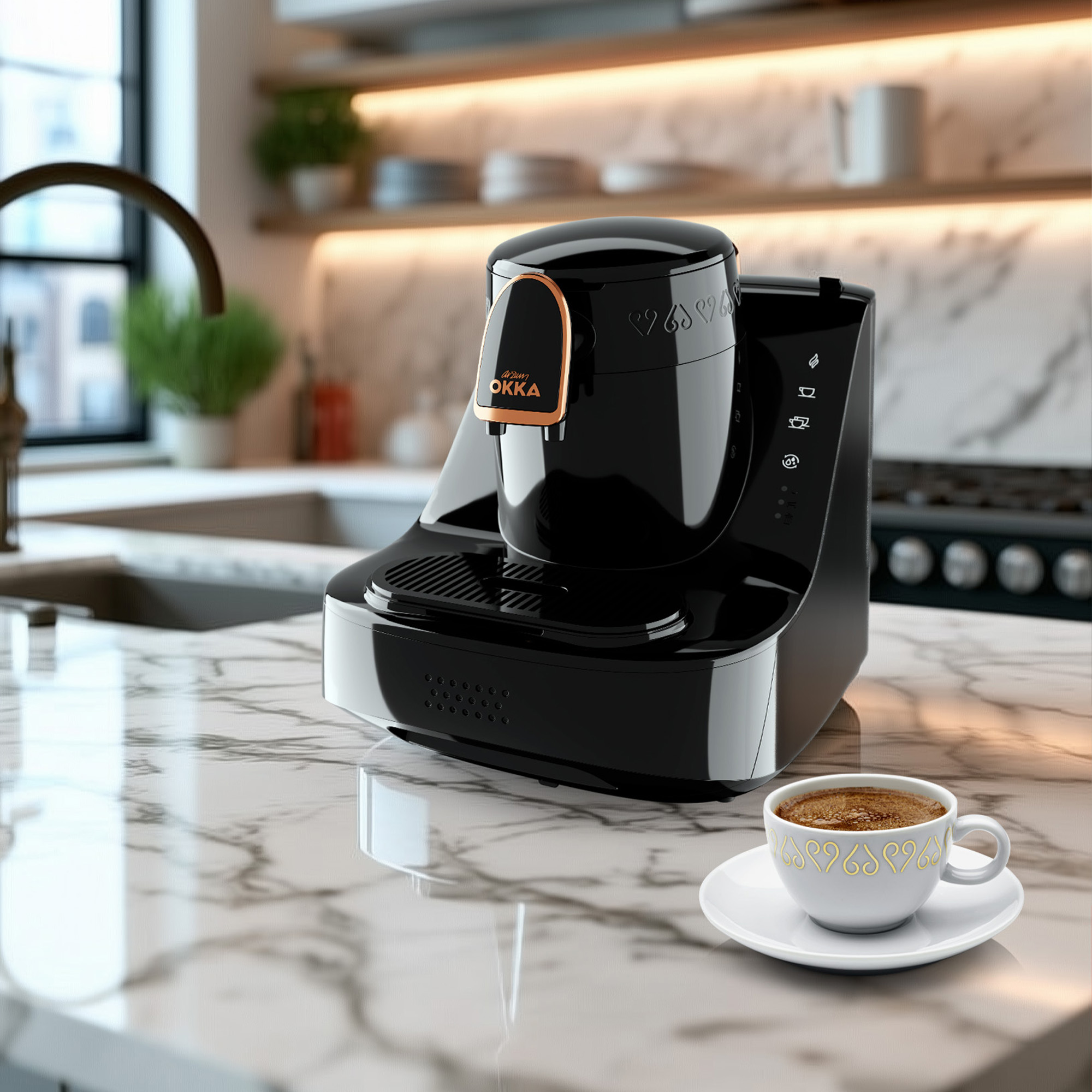 Macchina da caffè nera con tazza su piano di lavoro in marmo.