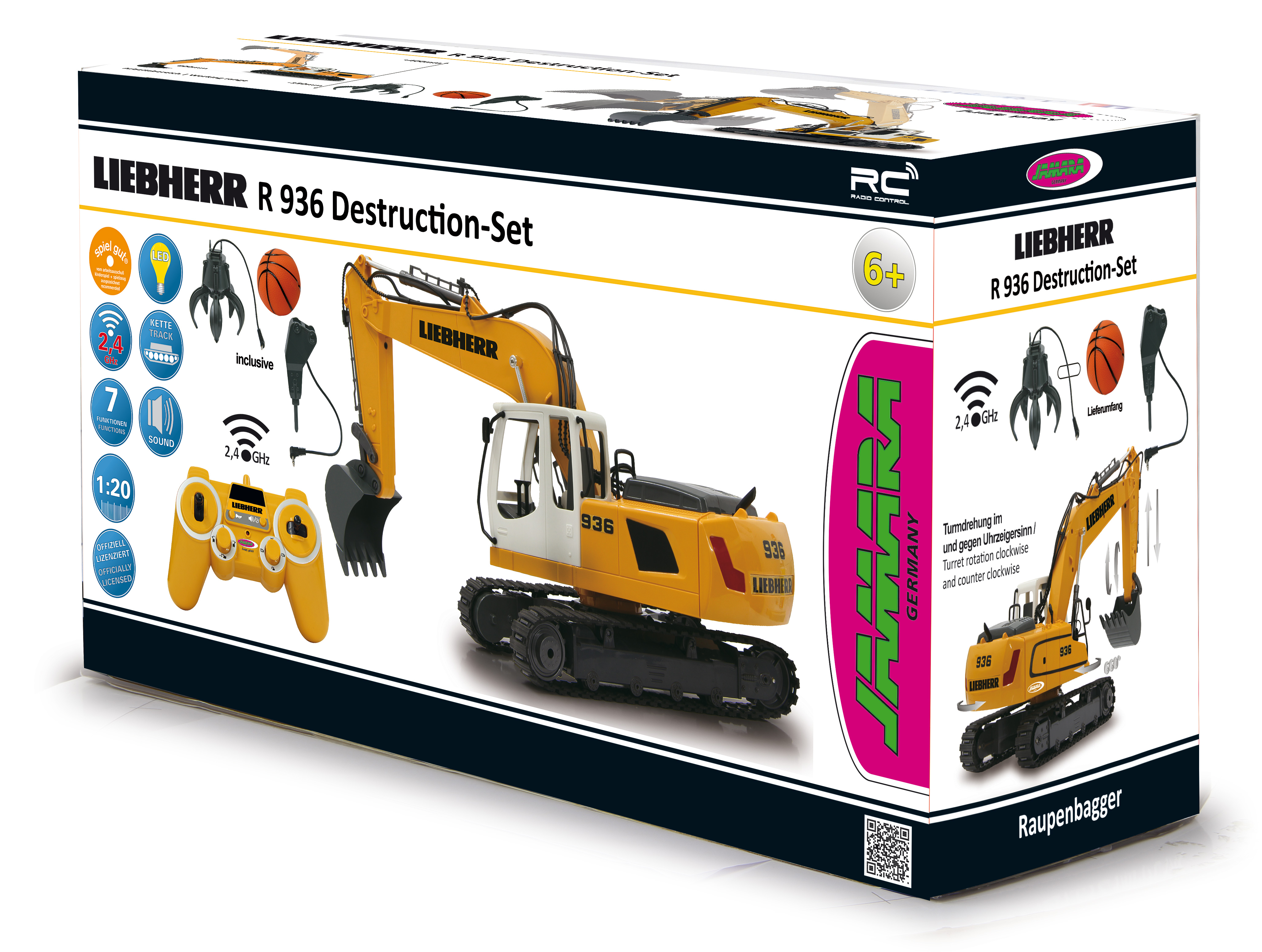 Verpackung eines gelben Liebherr R 936 Bagger-Spielzeugs mit Fernbedienung.