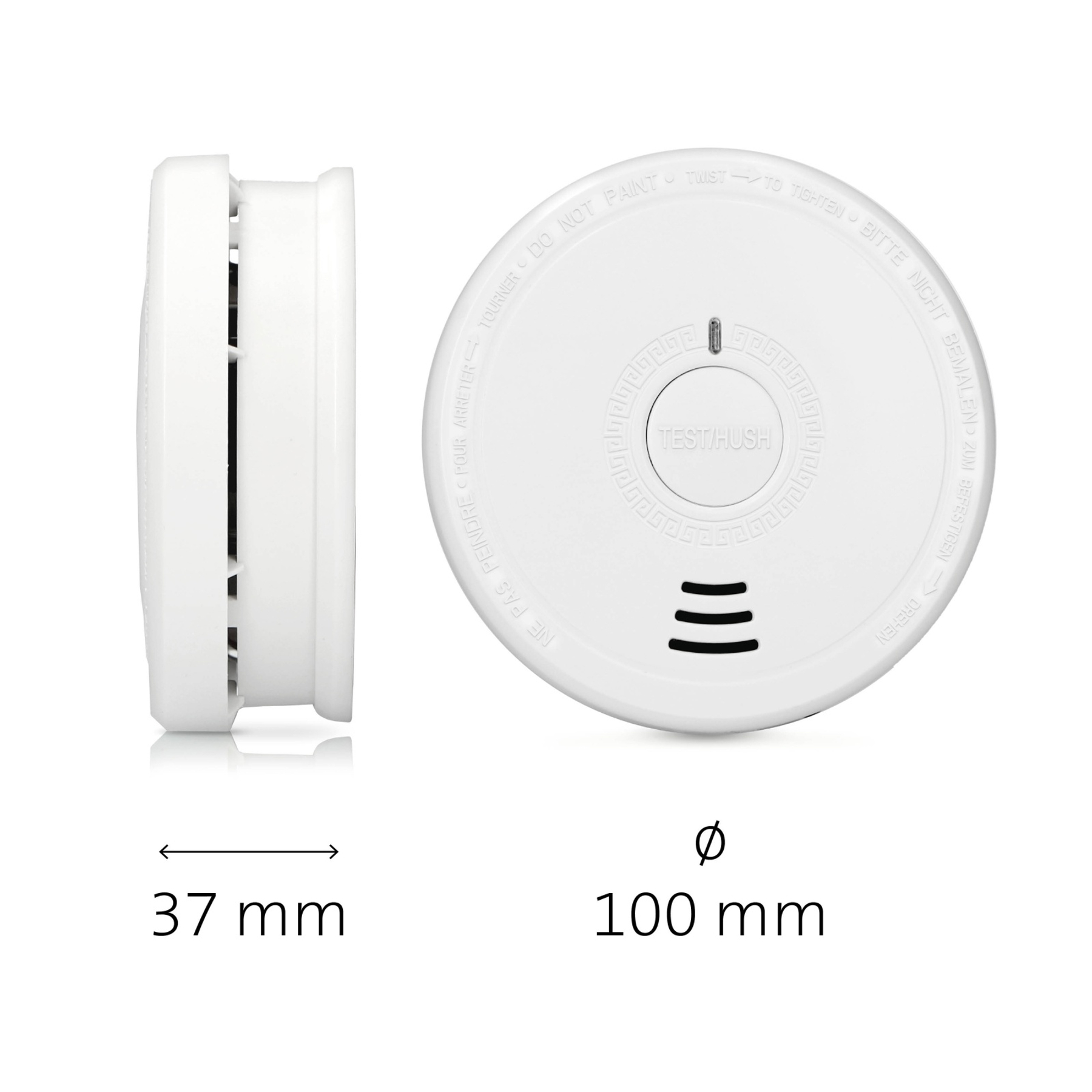 Białe czujniki dymu z przyciskiem "TEST/HUSH" i wymiarami.