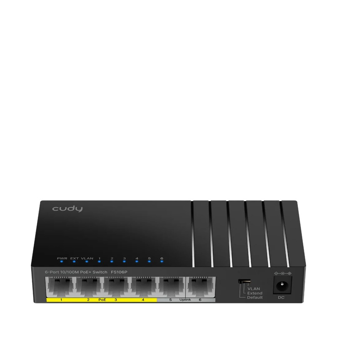Switch PoE+ Cudy nero 6 porte 10/100M con LED e porte.