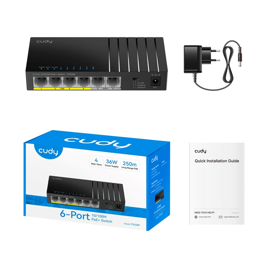 Uno switch PoE+ nero a 6 porte, adattatore di alimentazione, cavo e guida.