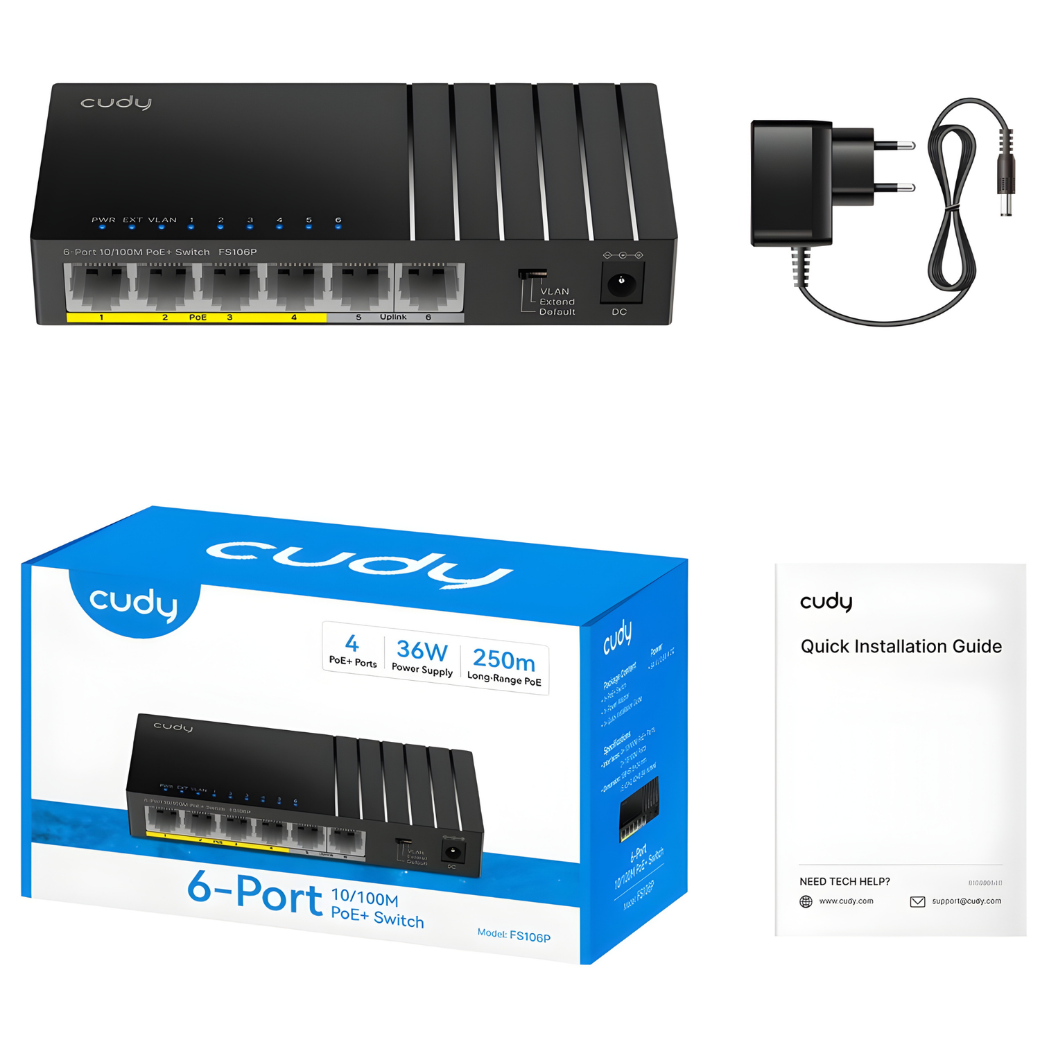 Switch Cudy PoE+ 6 porte FS106P, adattatore di alimentazione e guida.