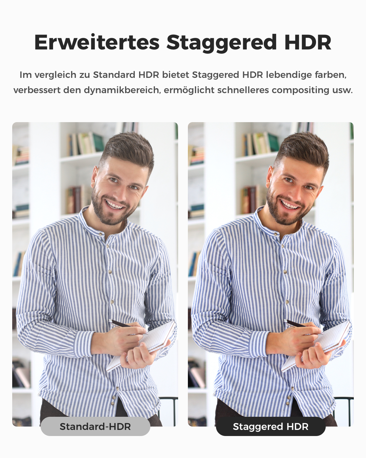 Mann mit gestreiftem Hemd schreibt in Notizbuch, links Standard-HDR, rechts Staggered HDR.