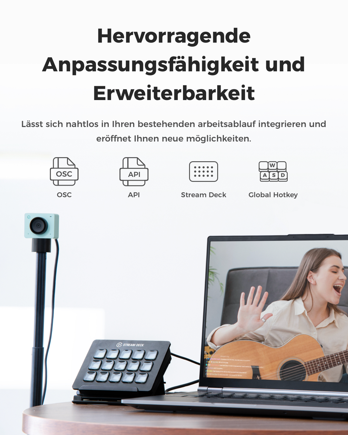Stream Deck mit Laptop, Kamera und Gitarre spielender Frau auf dem Bildschirm.