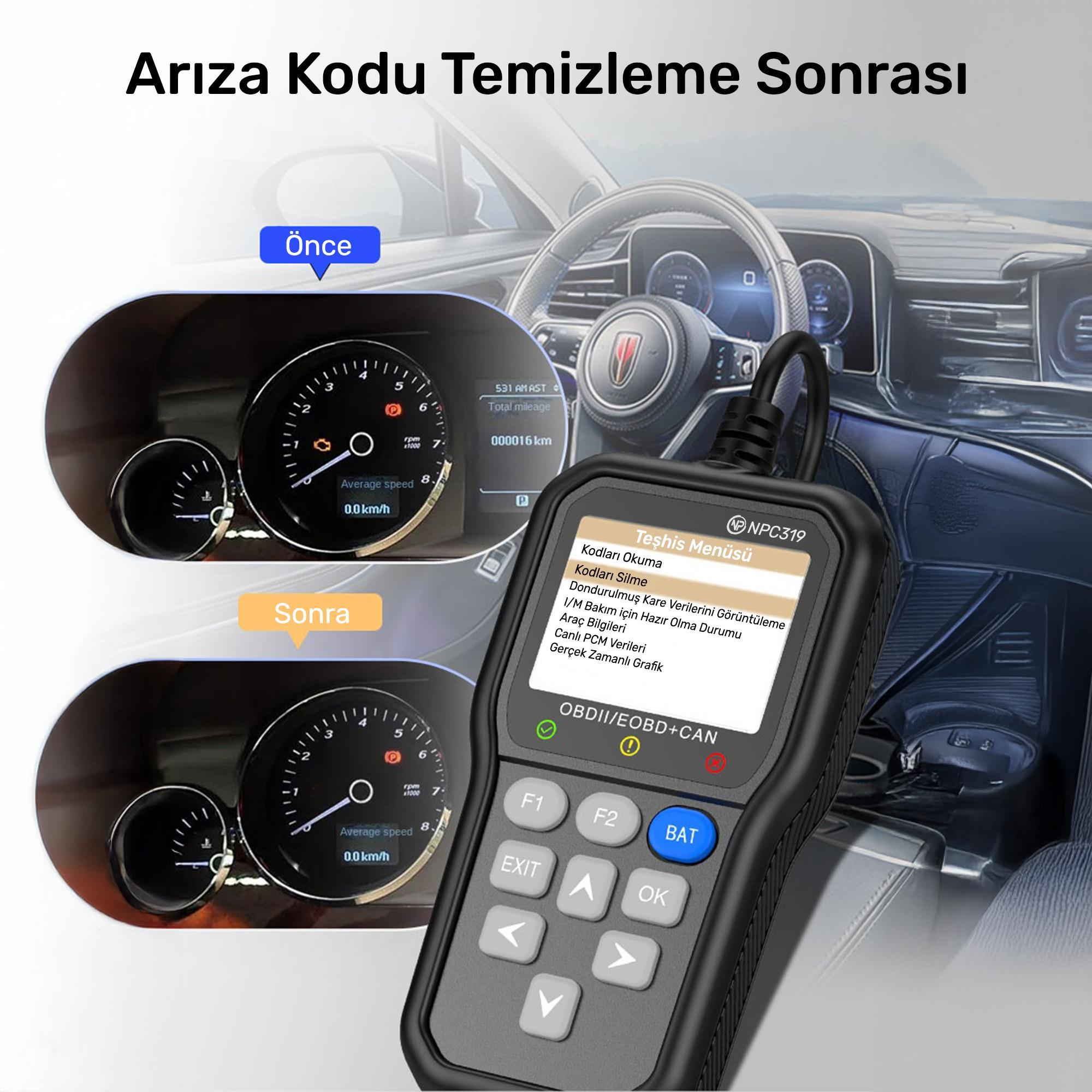 Araba gösterge paneli önünde, öncesi ve sonrası gösteren bir teşhis cihazı.