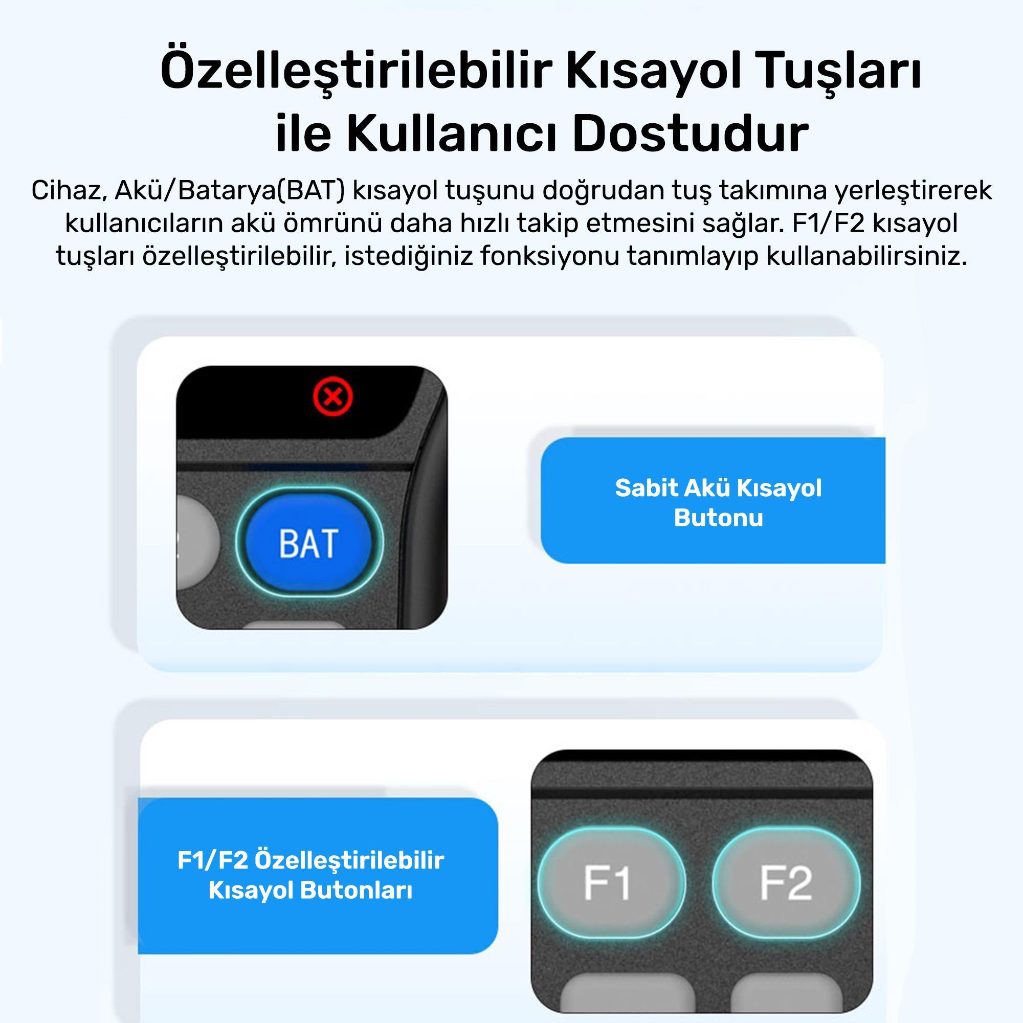 Özelleştirilebilir kısayol tuşlu cihaz. BAT, sabit ve F1/F2 düğmelerini gösterir.