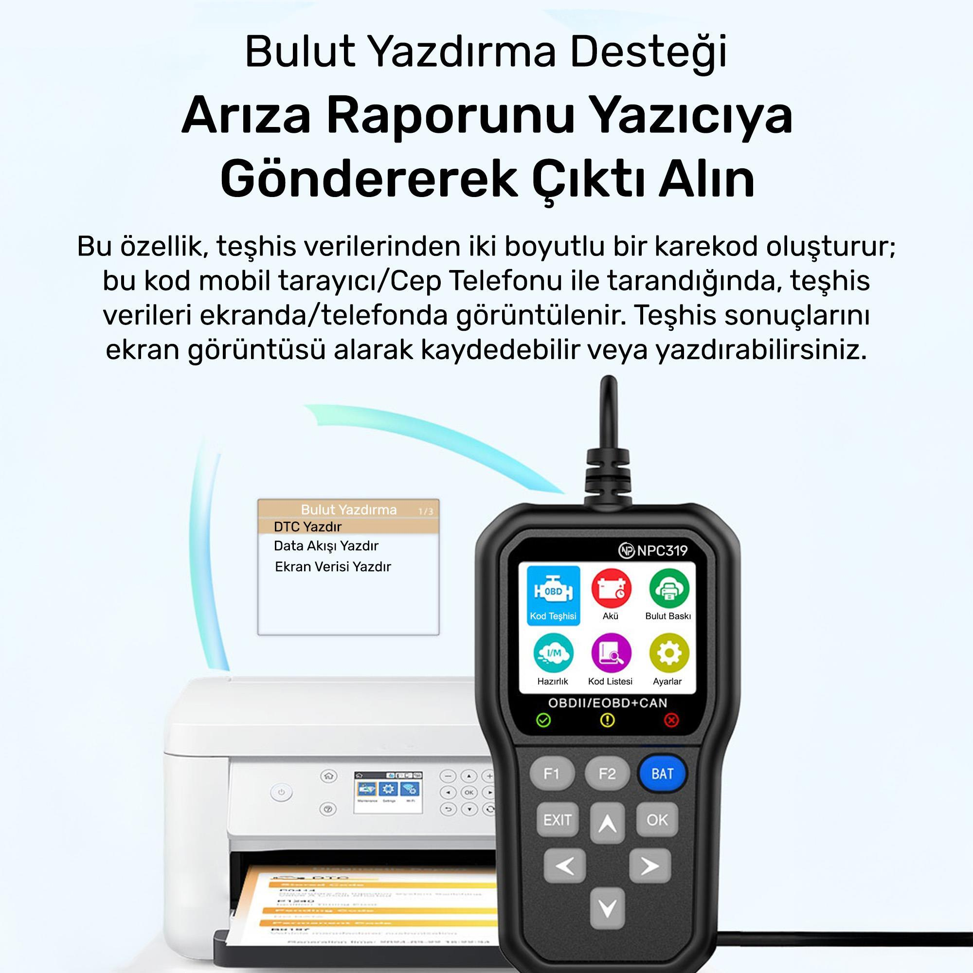 Bir yazıcı ve ekranlı bir teşhis aracı.