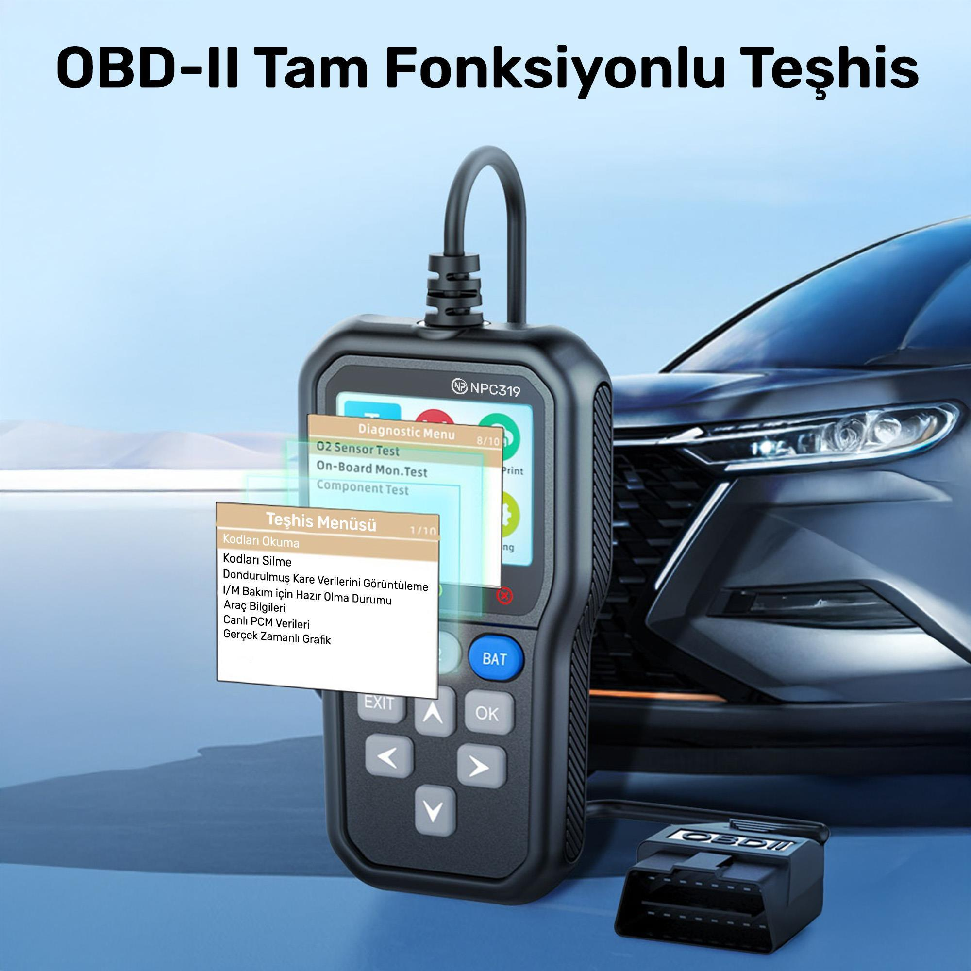 Ekranlı ve düğmeli bir OBD-II teşhis cihazı bir arabanın yanında.