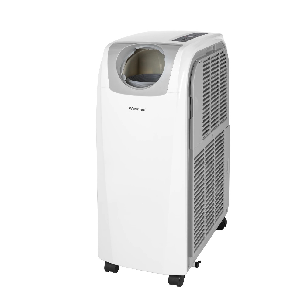 Biały przenośny klimatyzator/chłodnica na kółkach z otworami wentylacyjnymi.