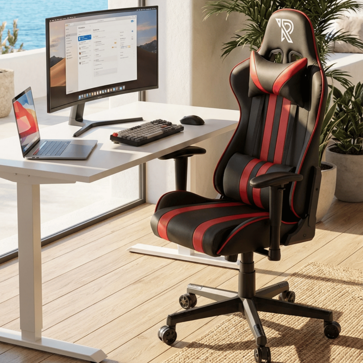 Un fauteuil de jeu noir et rouge près d'un bureau avec ordinateur portable, écran et clavier.