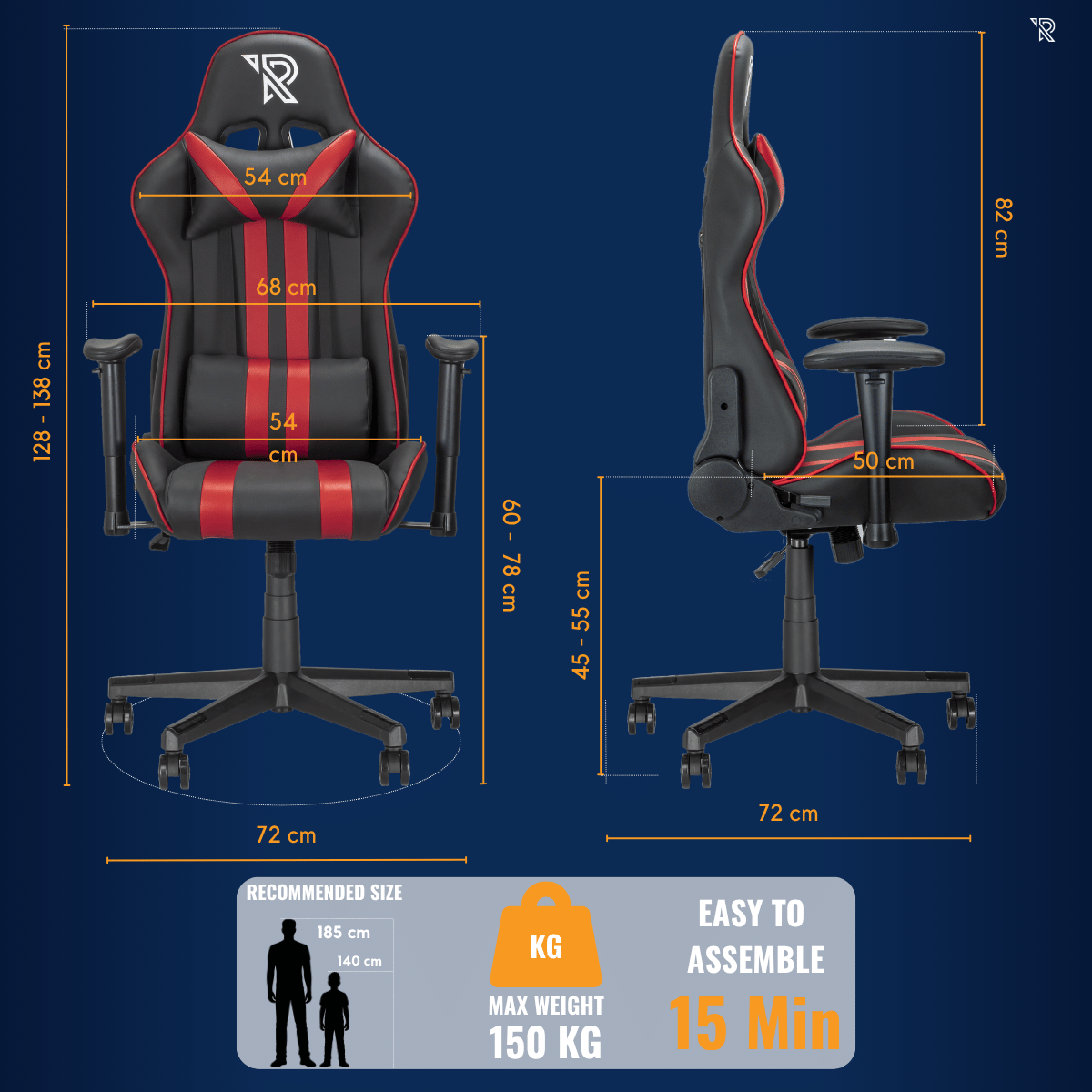 Un fauteuil gamer noir et rouge avec dimensions et temps de montage.
