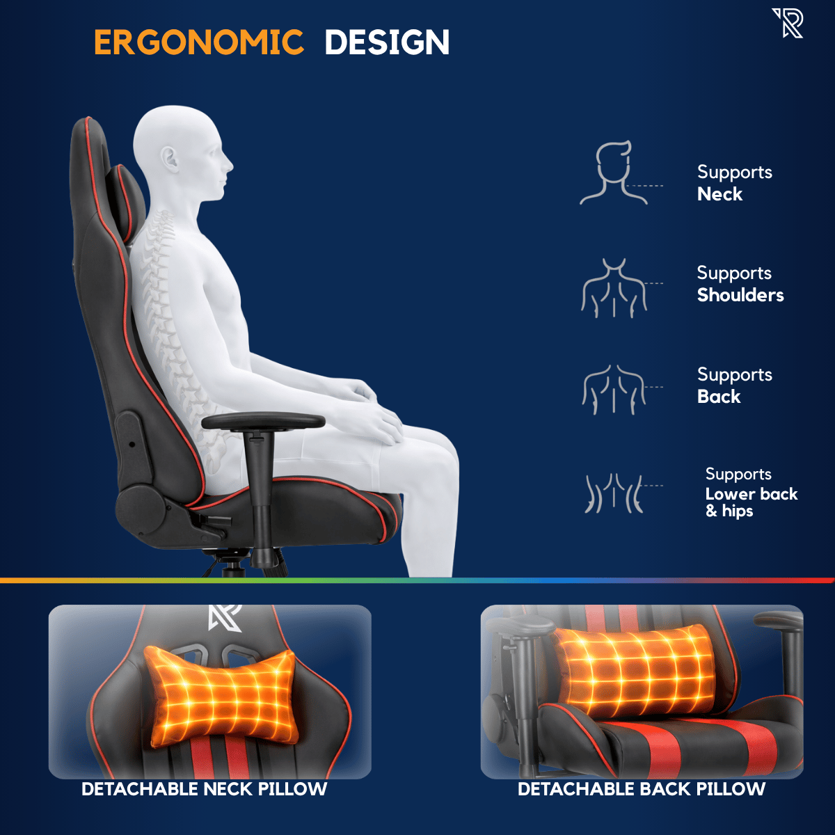 Conception ergonomique d'un fauteuil gaming avec coussinets cou et lombaire.