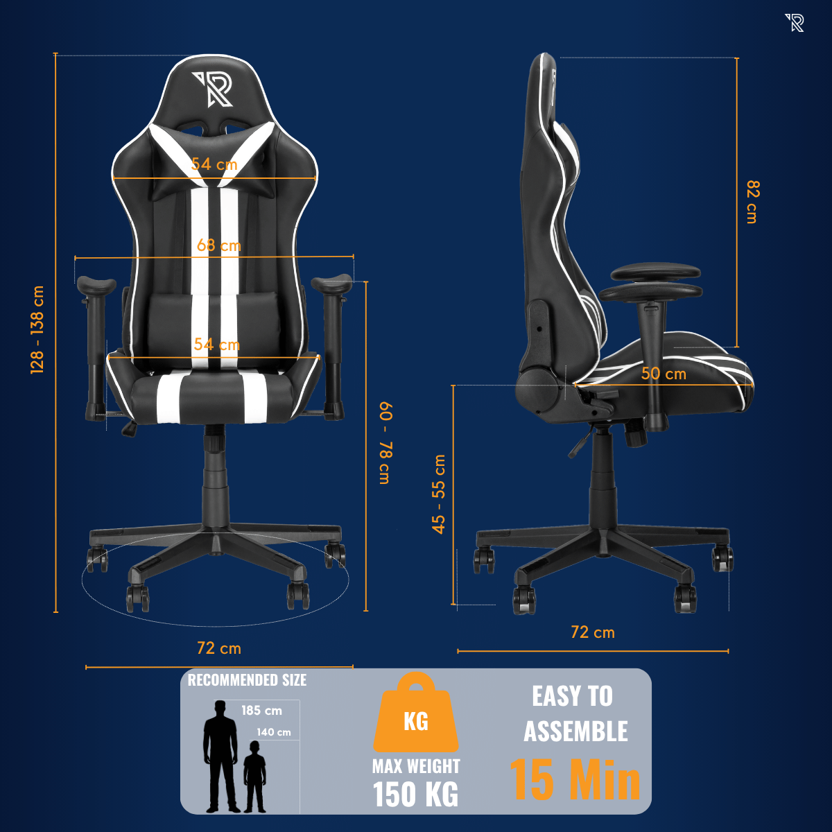 Chaise gamer avec dimensions : 128-138cm H, 72cm L. Max. 150kg.