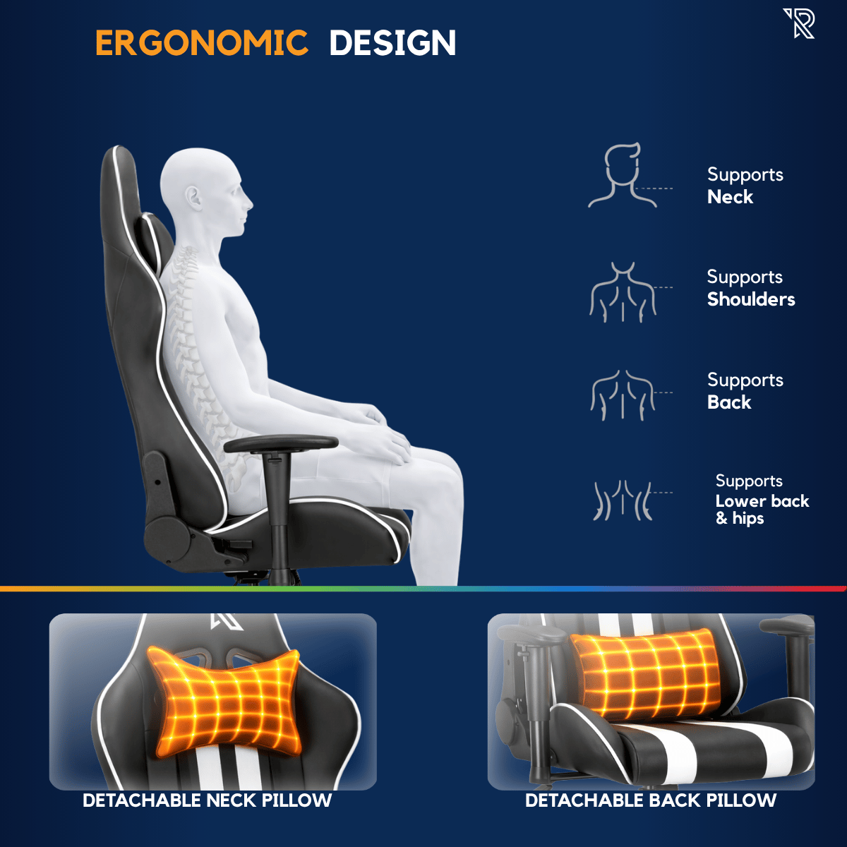 Conception ergonomique: Homme dans un fauteuil noir, avec coussins amovibles pour nuque et dos.