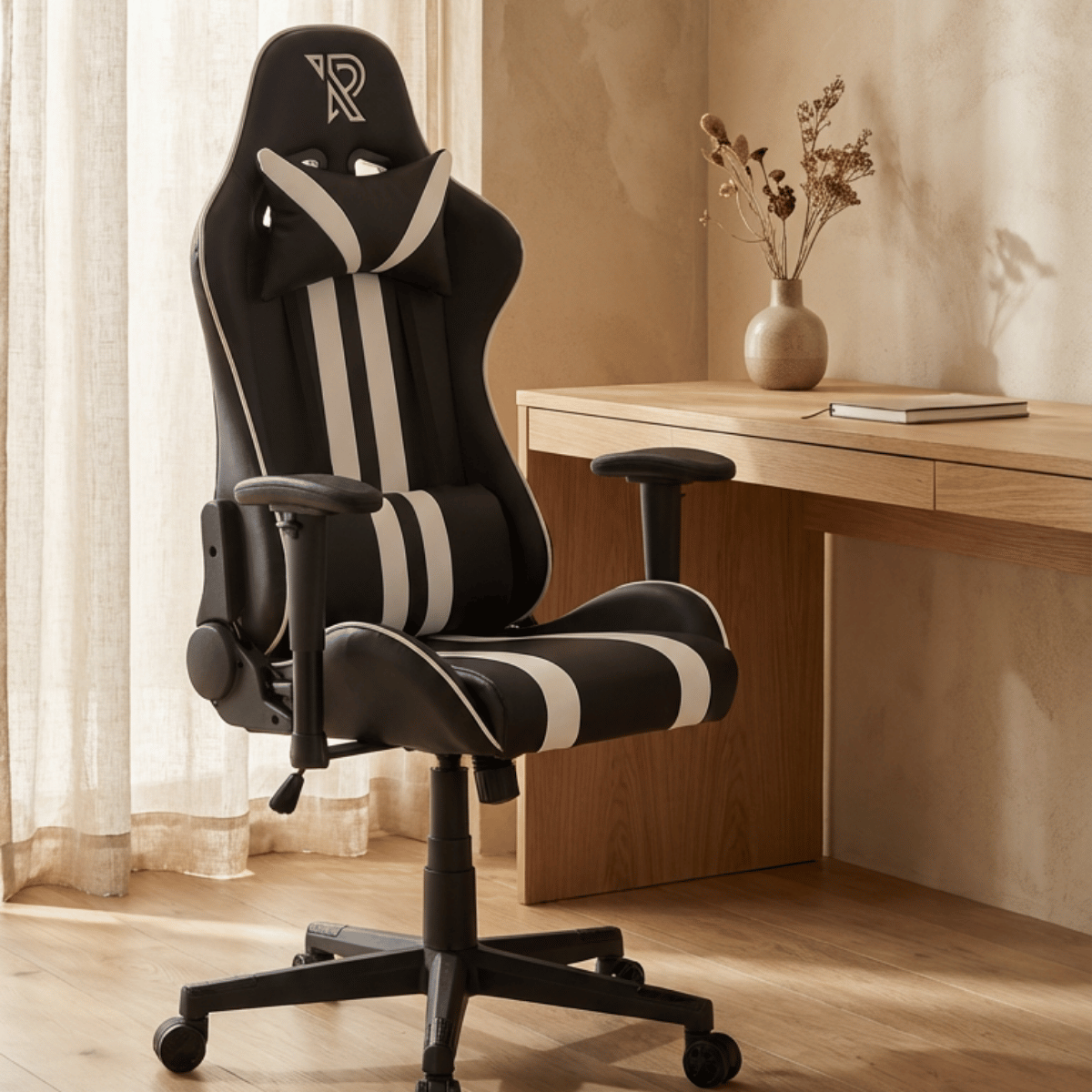 Un fauteuil gamer noir à rayures blanches devant un bureau en bois.
