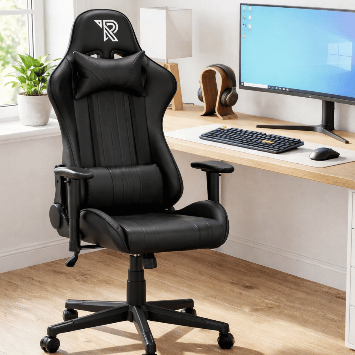 Chaise gaming noire avec coussins devant un bureau avec ordinateur et casque.