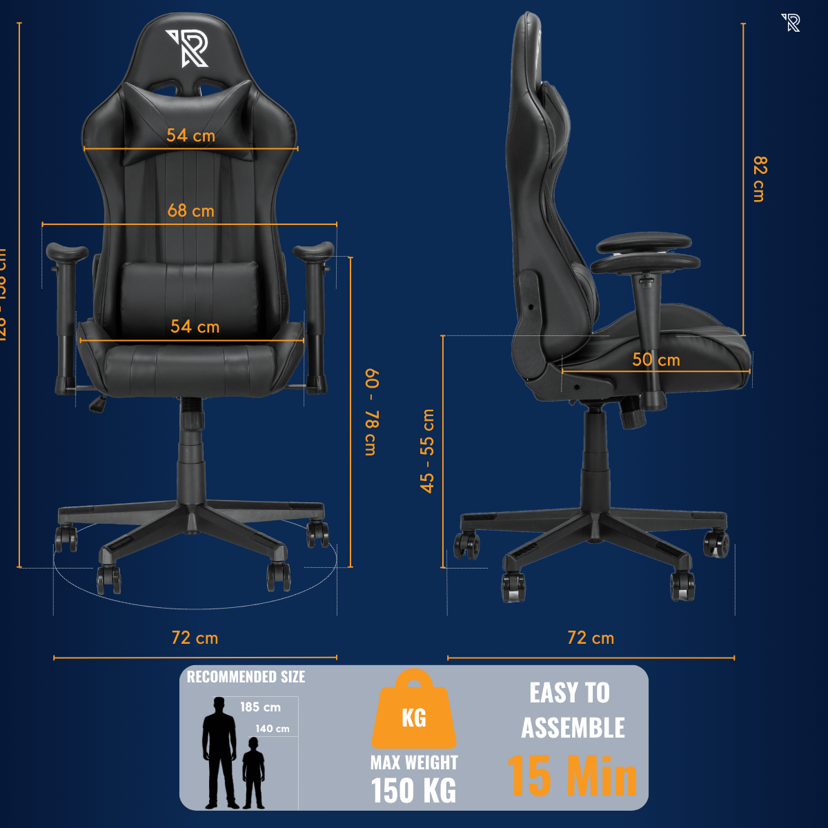 Chaise gaming noire avec dimensions et temps de montage.