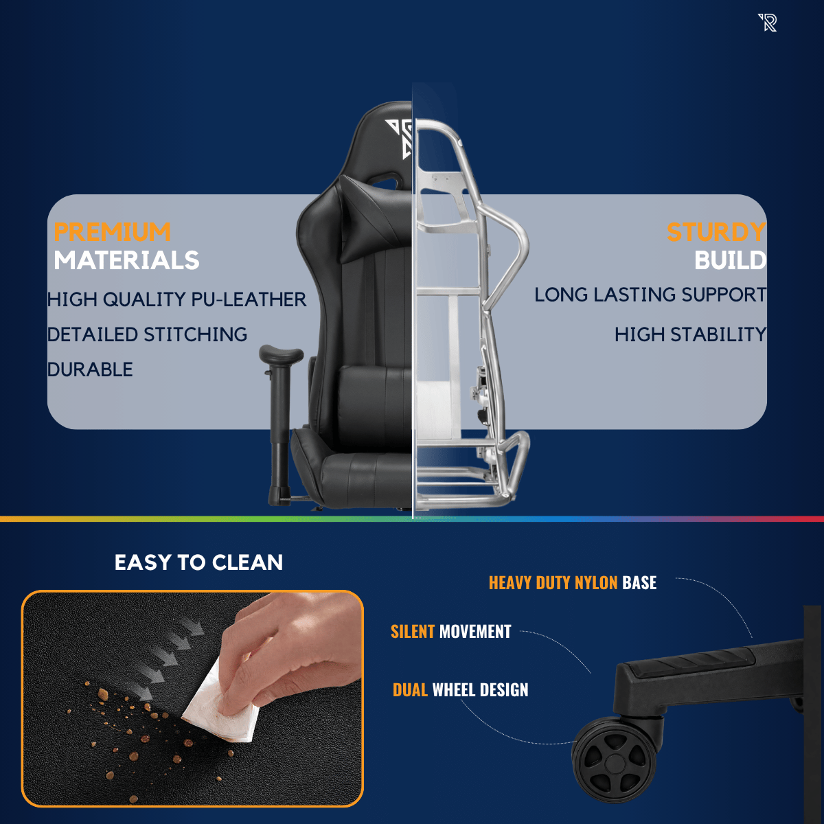 Chaise gaming noire divisée: matériaux vs. construction robuste, surface et roues faciles à nettoyer.