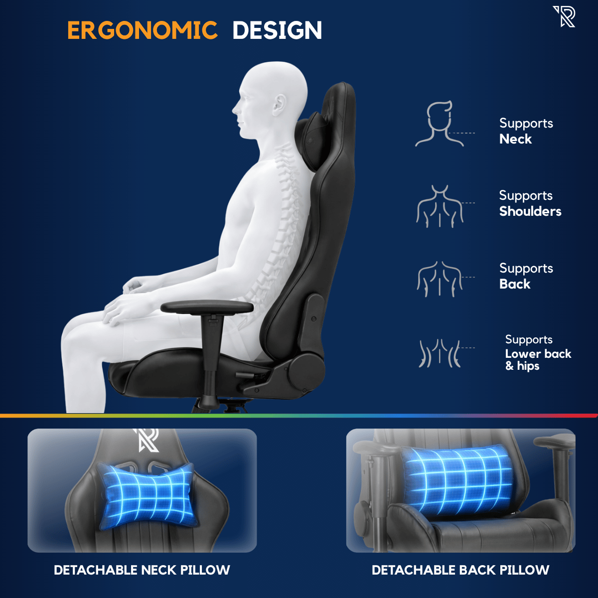 Conception ergonomique d'une chaise montrant le soutien du cou, des épaules, du dos et des hanches.