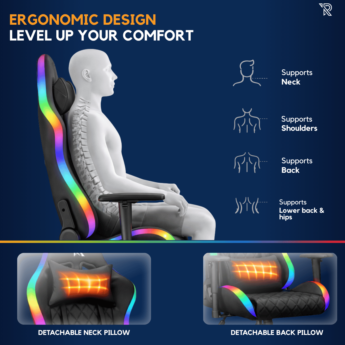Ergonomisch ontwerp met RGB-verlichting, ondersteunt nek, schouders, rug en onderrug.