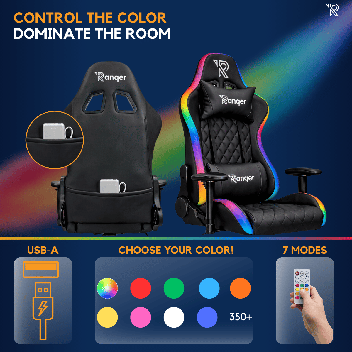 Twee zwarte gamestoelen, één met RGB-verlichting, USB-poort en kleuropties.