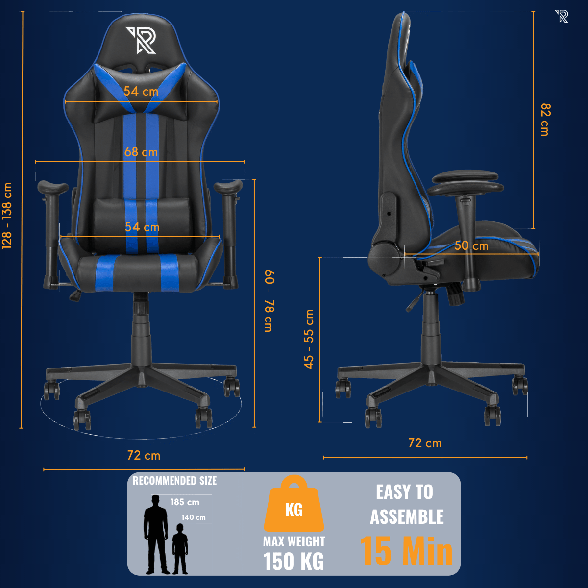 Chaise gaming avec dimensions et poids indiqués. Noir et bleu.