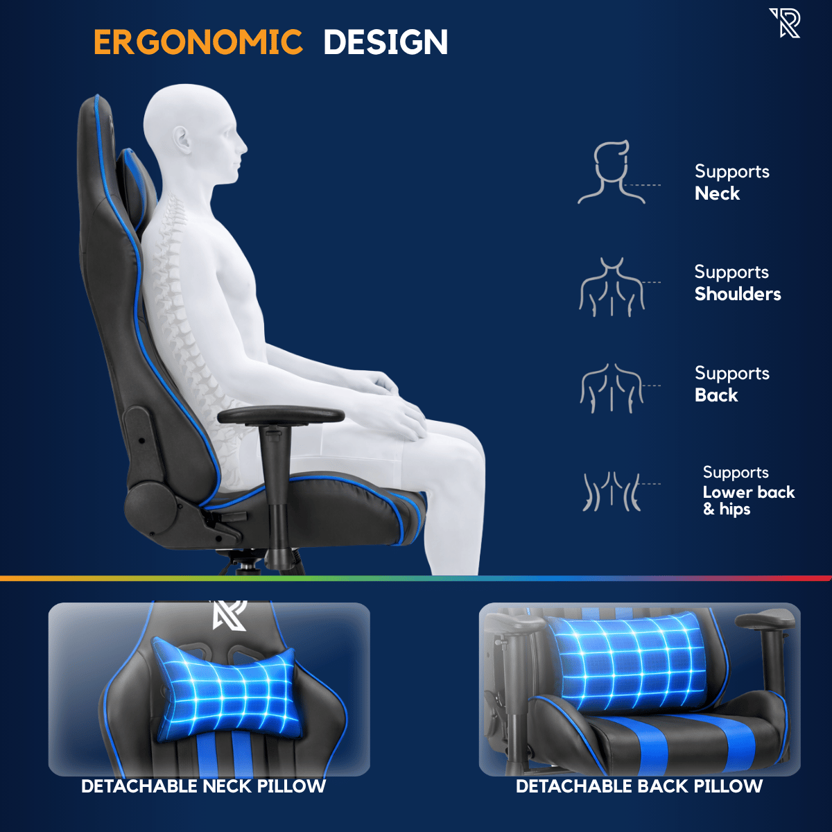 Design ergonomique : Chaise avec support pour le cou, les épaules, le dos et le bas du dos.