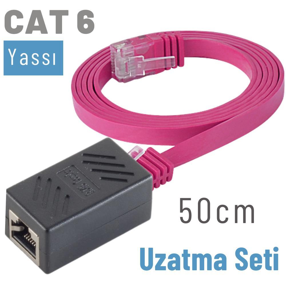 Düz CAT 6 ağ kablosu adaptörü, 50cm, pembe.