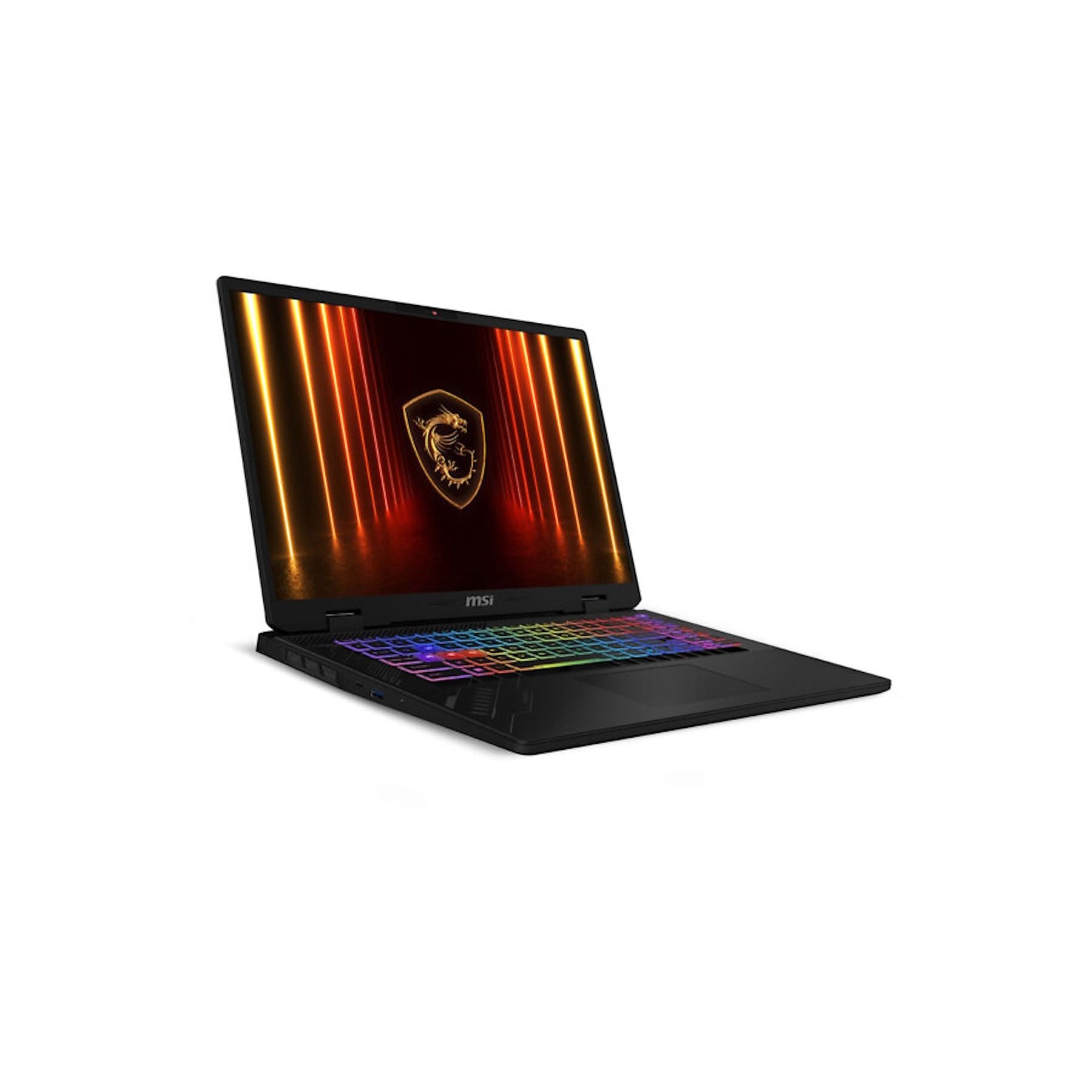 Ekranında MSI logosu ve aydınlatmalı klavyeli siyah dizüstü bilgisayar.