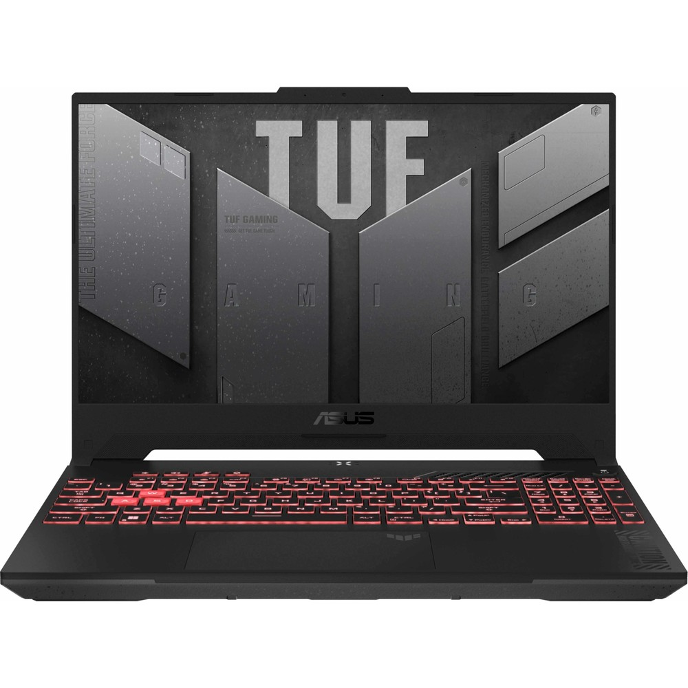 Ekranında TUF Gaming logosu ve kırmızı aydınlatmalı klavyesi olan siyah dizüstü bilgisayar.