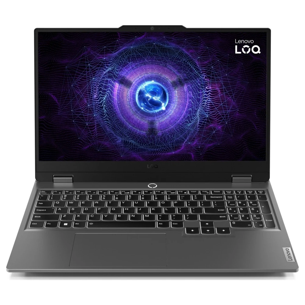 Ekranında mor ve mavi soyut desen bulunan açık gri Lenovo oyuncu dizüstü bilgisayarı.