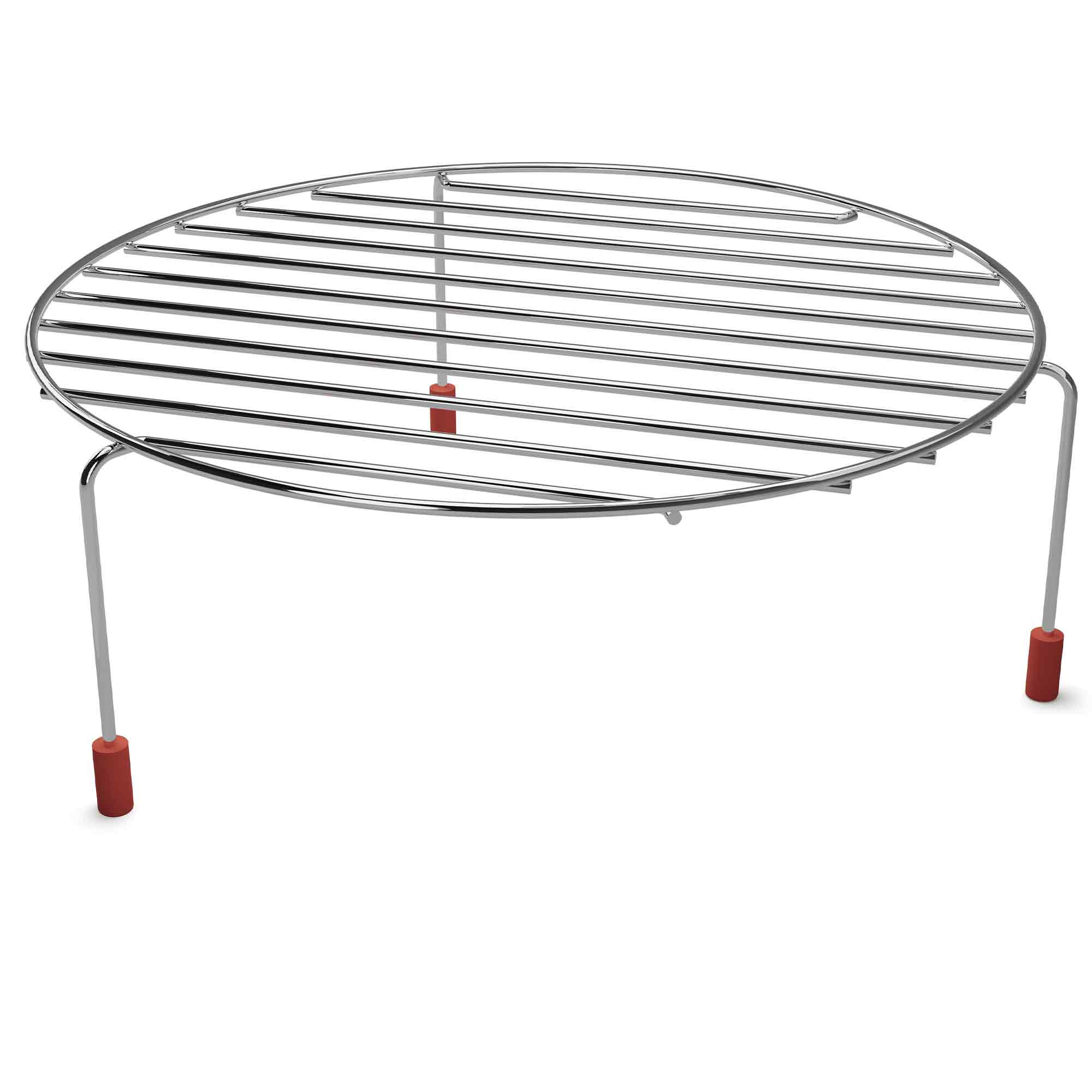 Okrągły, srebrny metalowy ruszt grillowy z czerwonymi nóżkami.
