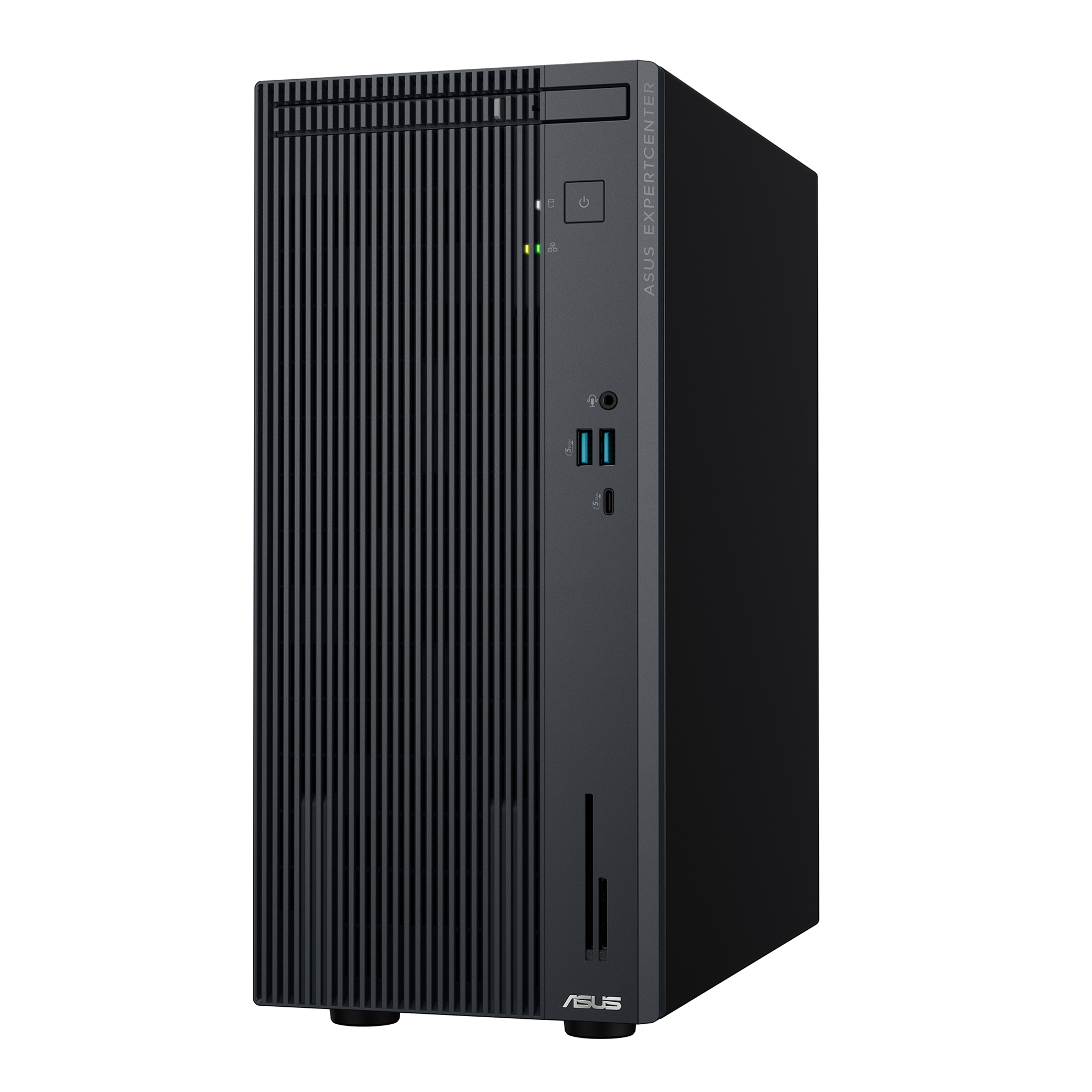 Dikey havalandırma yarıklarına sahip siyah bir Asus ExpertCenter PC kasası.