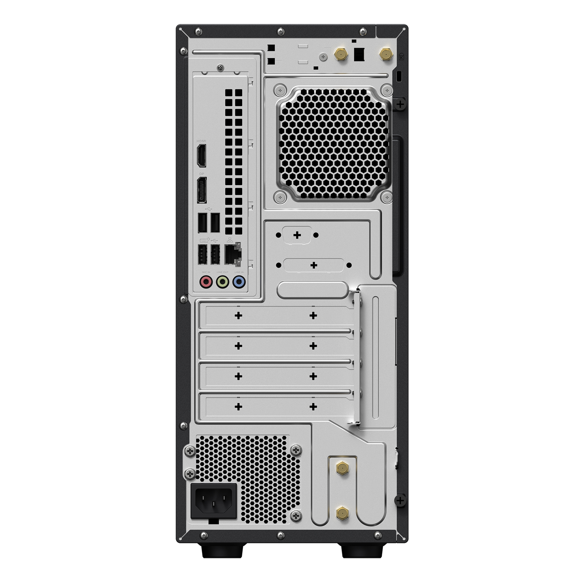 HDMI, DP, USB ve ses jakları olan siyah PC'nin arka görünümü.