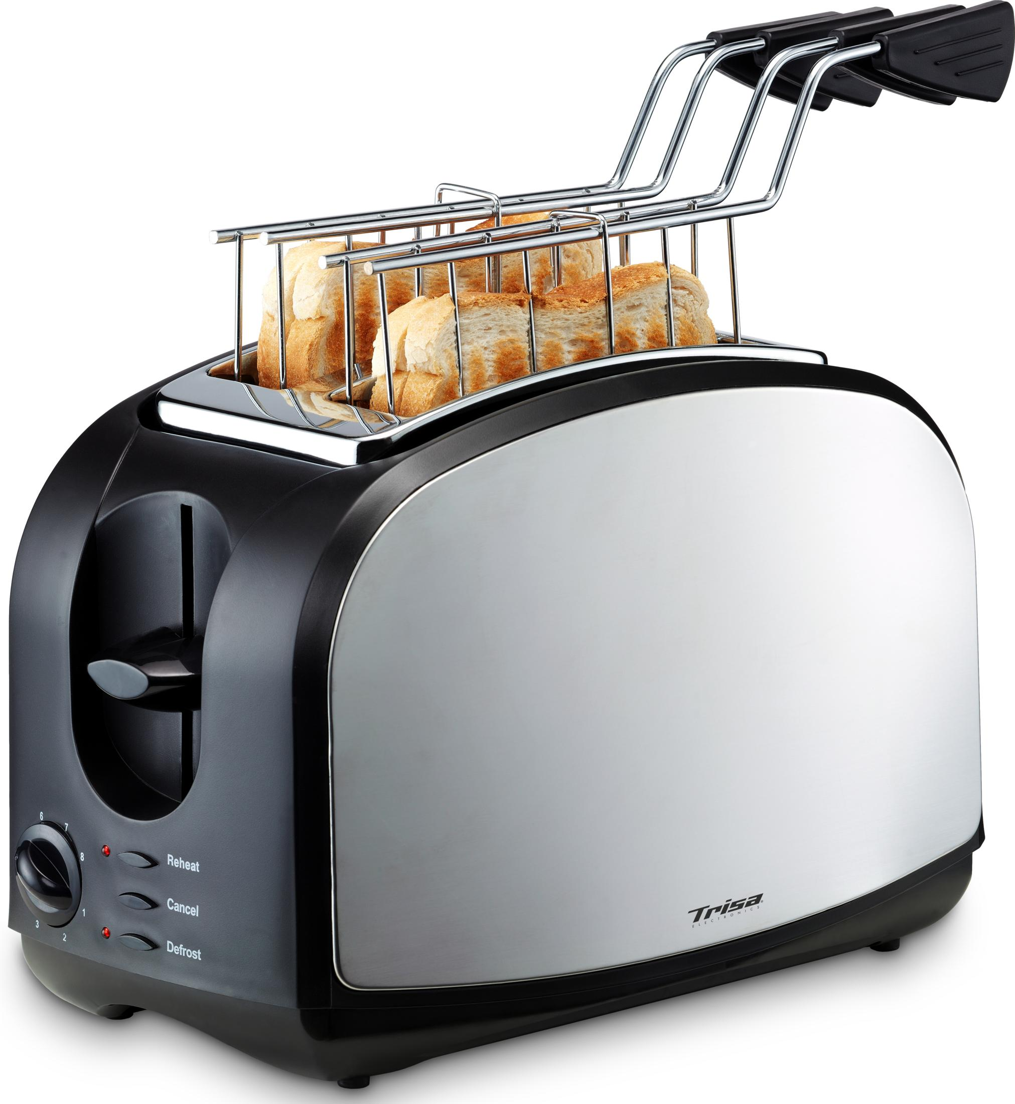 Ein schwarzer Toaster mit Chromakzenten, der vier Scheiben Toastbrot toastet.