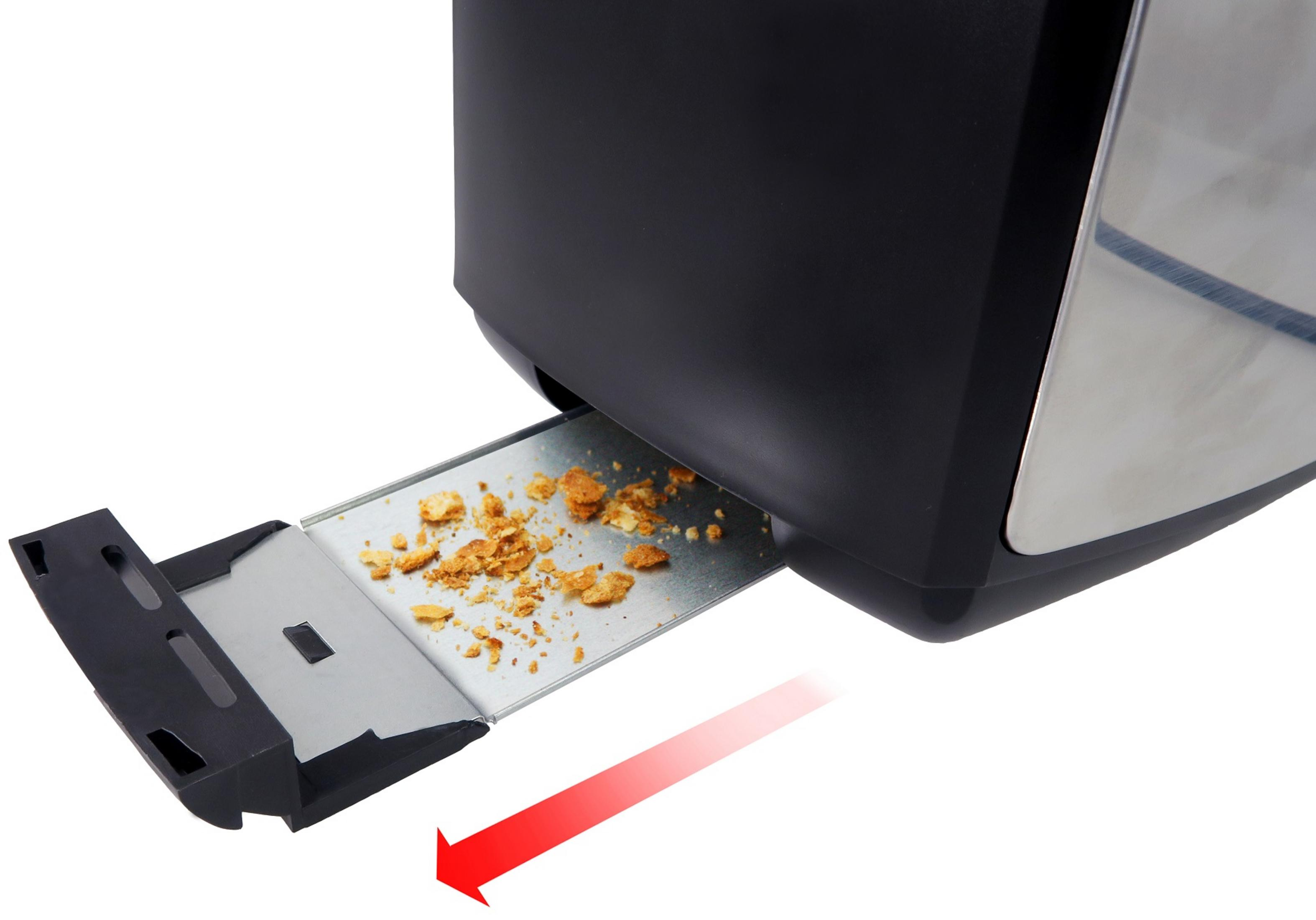 Krümel in der ausziehbaren Auffangschale eines Toasters, rote Pfeilmarkierung.
