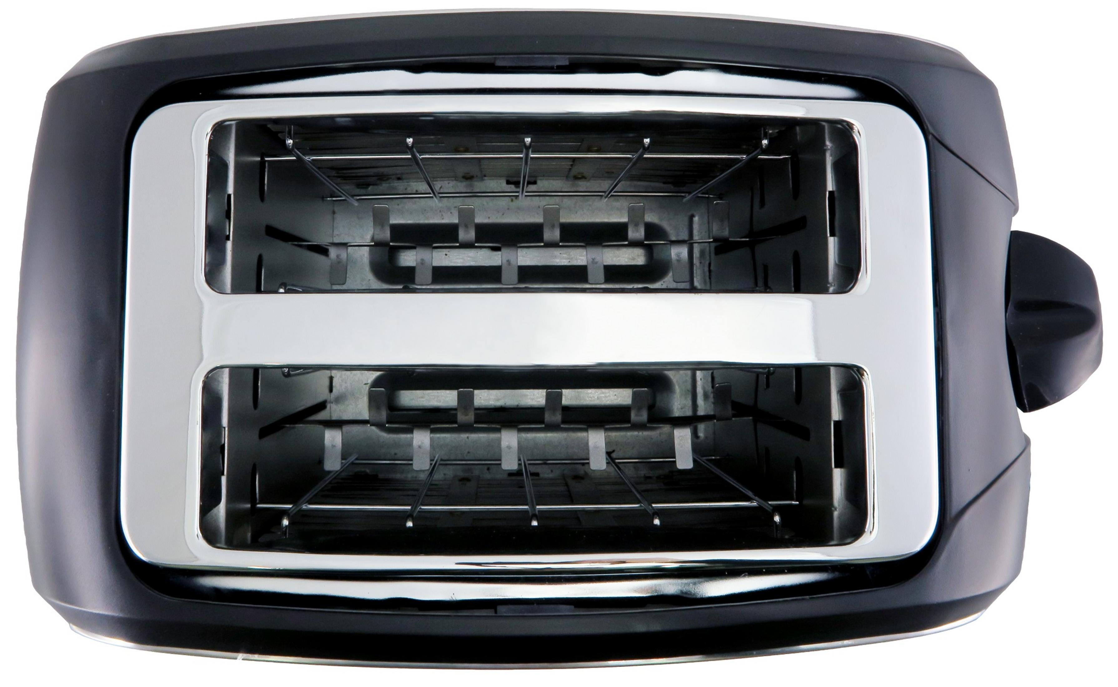 Ein schwarzer Toaster mit Chromdetails und zwei Schlitzen von oben gesehen.